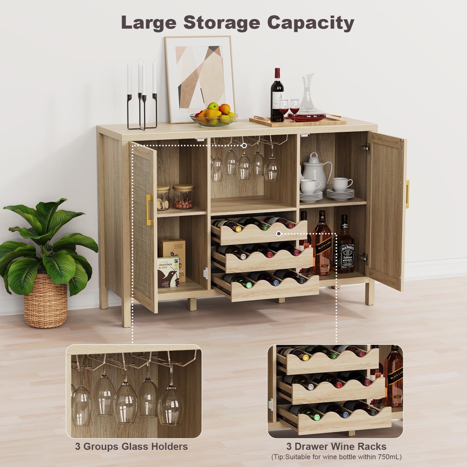 Boho Rattan Wine Bar Cabinet with Glass Holder & Drawer Style Wine Racks - Oak Sideboard Buffet Storage Cabinet for Living Room, Dining Room & Kitchen - Perfect for Home Entertaining & Wine Storage