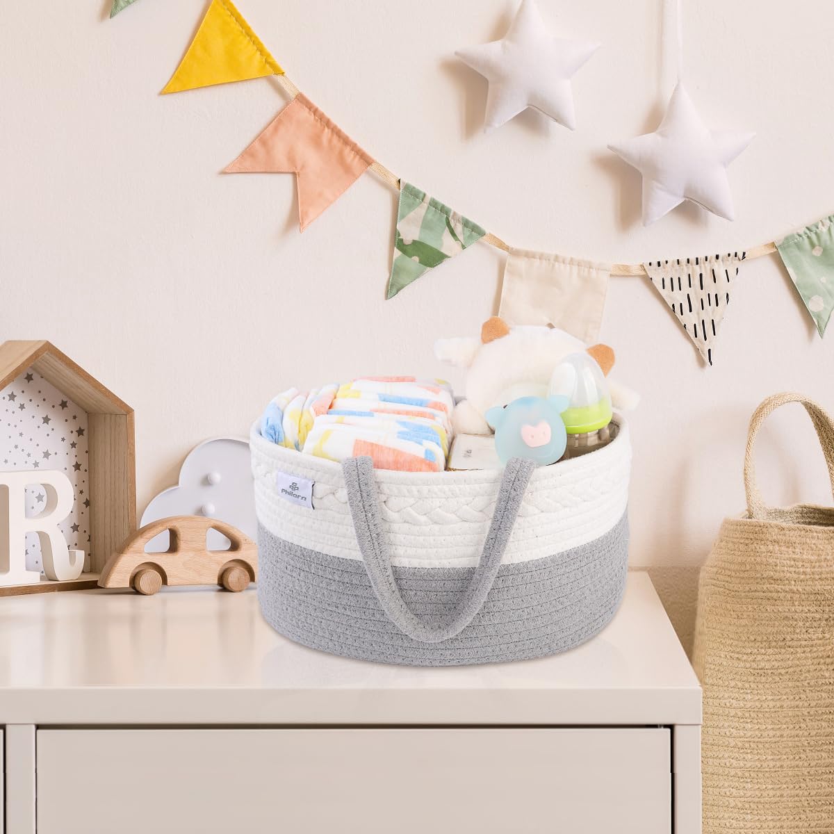 PHILORN Cotton Rope Diaper Caddy Organizer with Dividers - Woven Nursery Storage Basket for Baby Essentials | Perfect for Changing Table, Car & Baby Shower Gifts (Baby Registry Must-Have)
