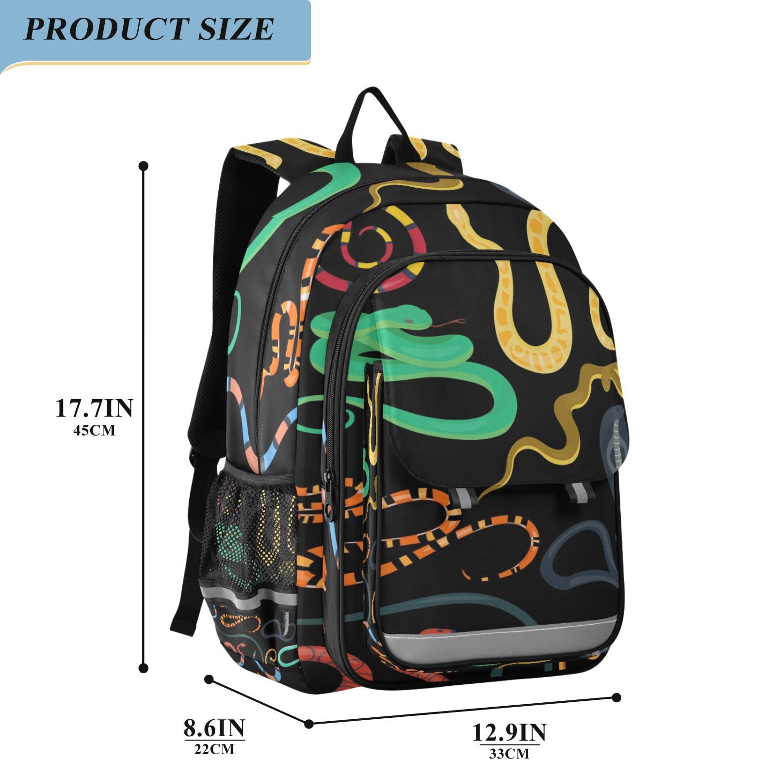 Lightweight Black Snake Print Laptop Backpack - Waterproof School Bag for Students, Travel & Work with Reflective Stripes - Perfect for College, Commuting & Outdoor Adventures