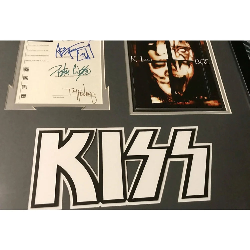 Kiss Band Signed Framed Collage - Gene Simmons, Paul Stanley, Ace Frehley Autographed Memorabilia with JSA COA | Perfect for Rock Music Fans & Collectors, Wall Decor for Home & Office