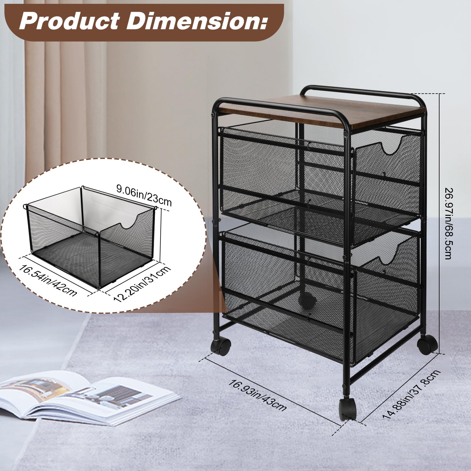 2-Tier Rolling Storage Cart with Wheels - Mobile Utility Organizer for Office, Home, Coffee Bar, Books, Arts & Crafts - Black - Perfect for Small Spaces & Clutter-Free Organization