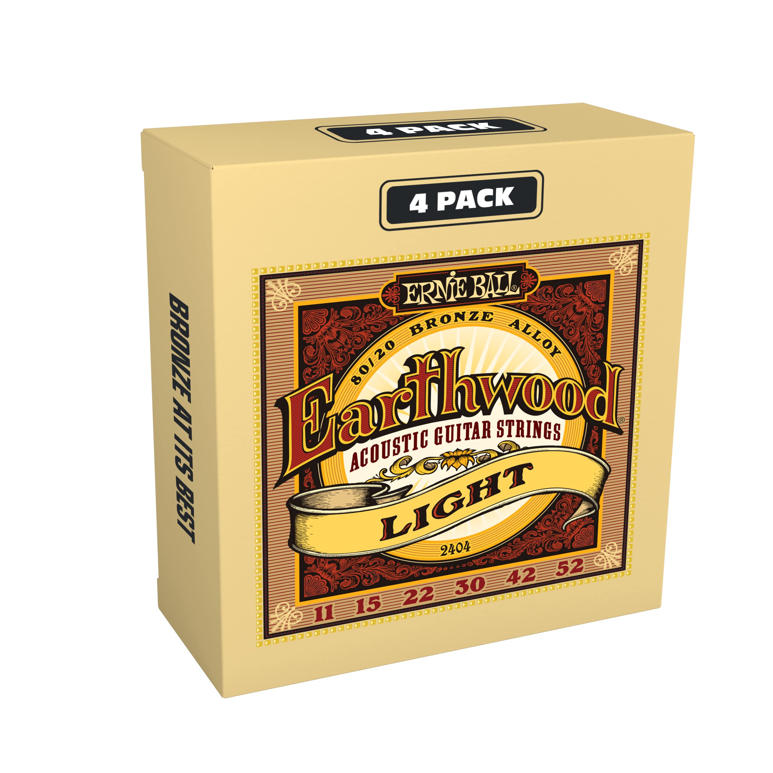 Ernie Ball Earthwood 80/20 Bronze Acoustic Guitar Strings 4-Pack - Light 11-52 Gauge (P02404) | Perfect for Folk, Country & Fingerstyle Playing