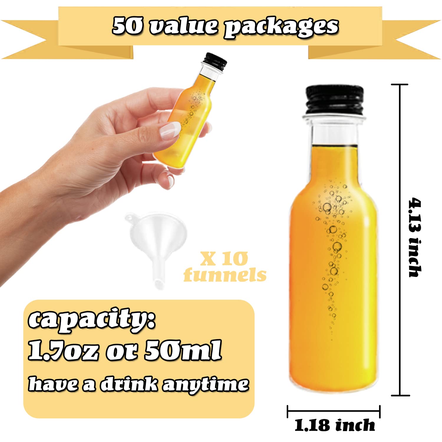 50 Pack 1.7oz Mini Liquor Bottles with Black Screw Caps - Reusable Plastic Alcohol Shot Bottles for Cocktails, Baby Showers, Weddings & Parties - Includes 10 Funnels for Easy Filling