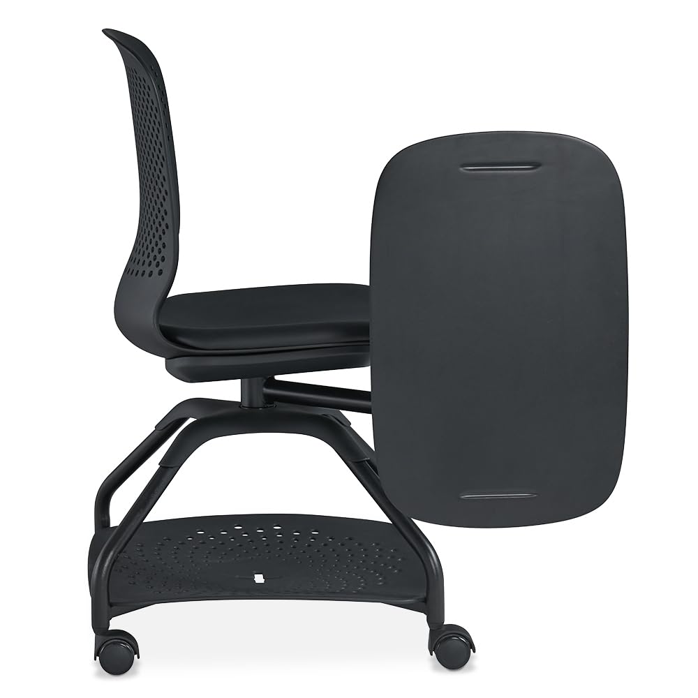 NBF Signature Series White Plastic Back Swivel Tablet Chair with Storm Polyurethane Seat - Armless Classroom Chair with Durable Steel Frame & Tablet Arm for Schools, Offices & Study Rooms