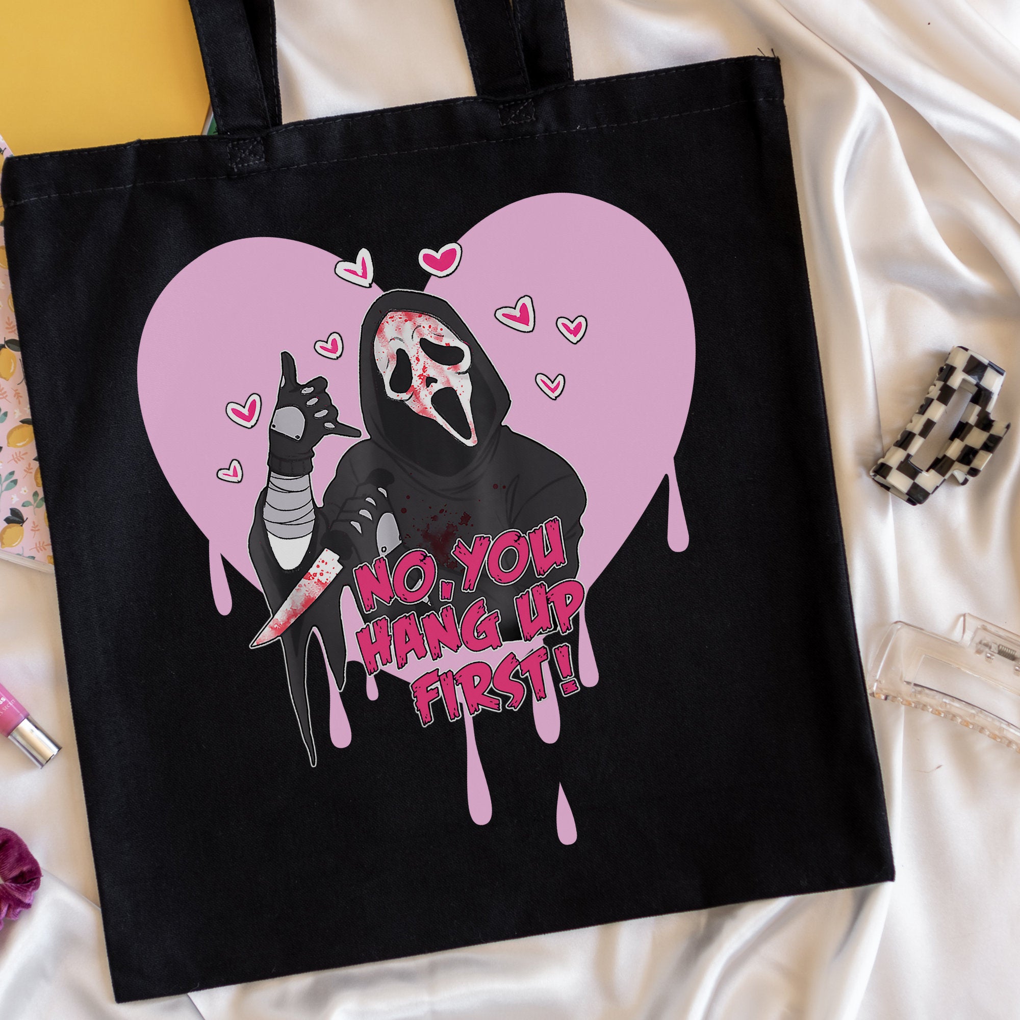 Gothic Tote Bag with Scream & Ghostface Print - Spooky Horror Merch for Halloween, Cosplay & Movie Fans - Perfect for Shopping, Books & Daily Use