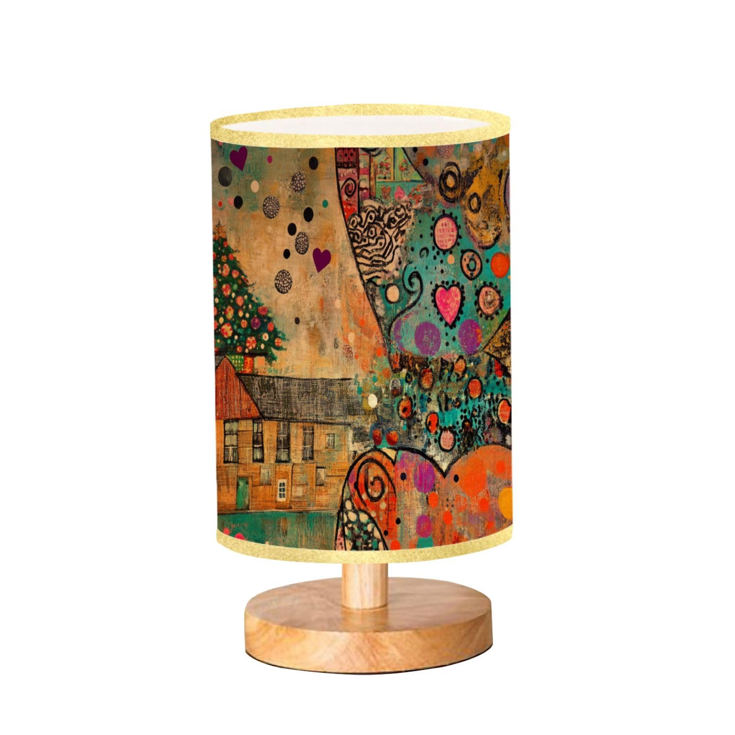 Farmhouse Table Lamp with Geometric Patterns & Linen Shade - Dimmable Bedside Nightstand Lamp for Bedroom, Living Room & Office - Rustic Wood Base Home Decor Gift Idea