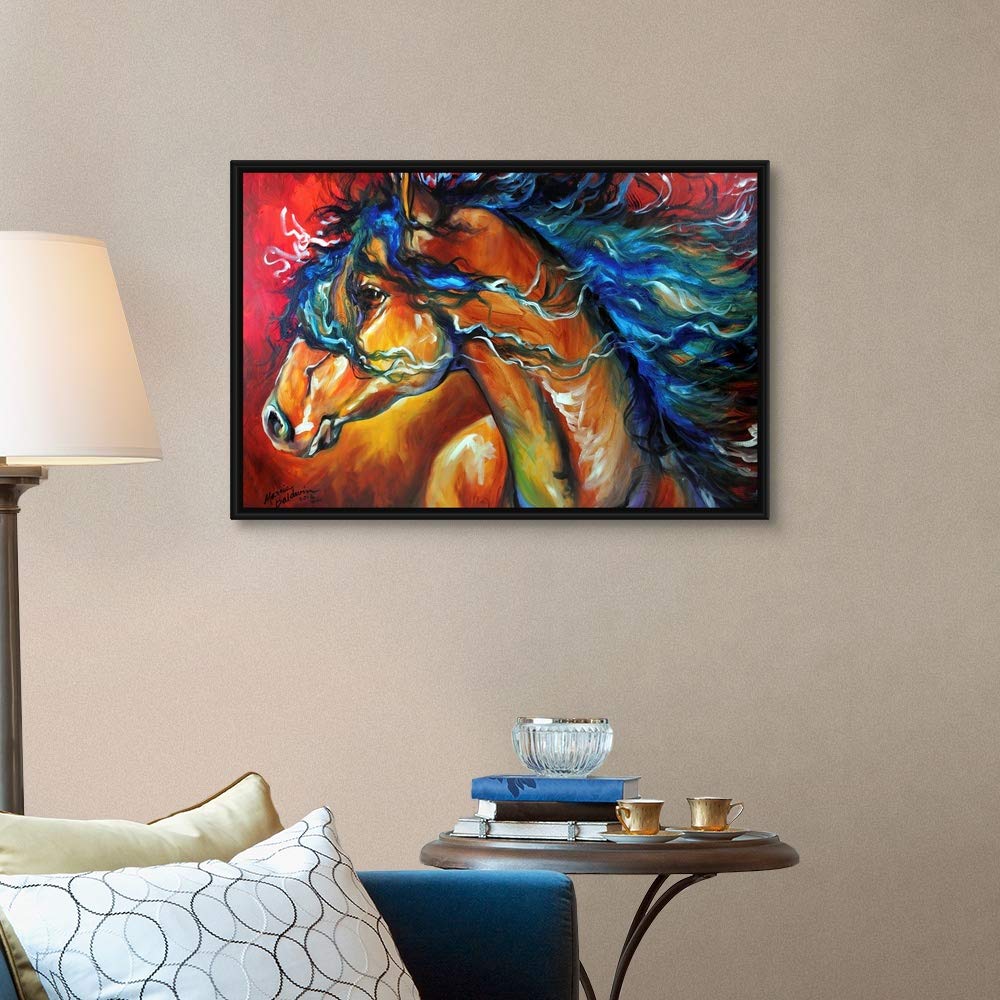 Red Thunder Indian War Horse Black Float Frame Canvas Art - Native American Horse Painting for Wall Decor, Living Room & Office