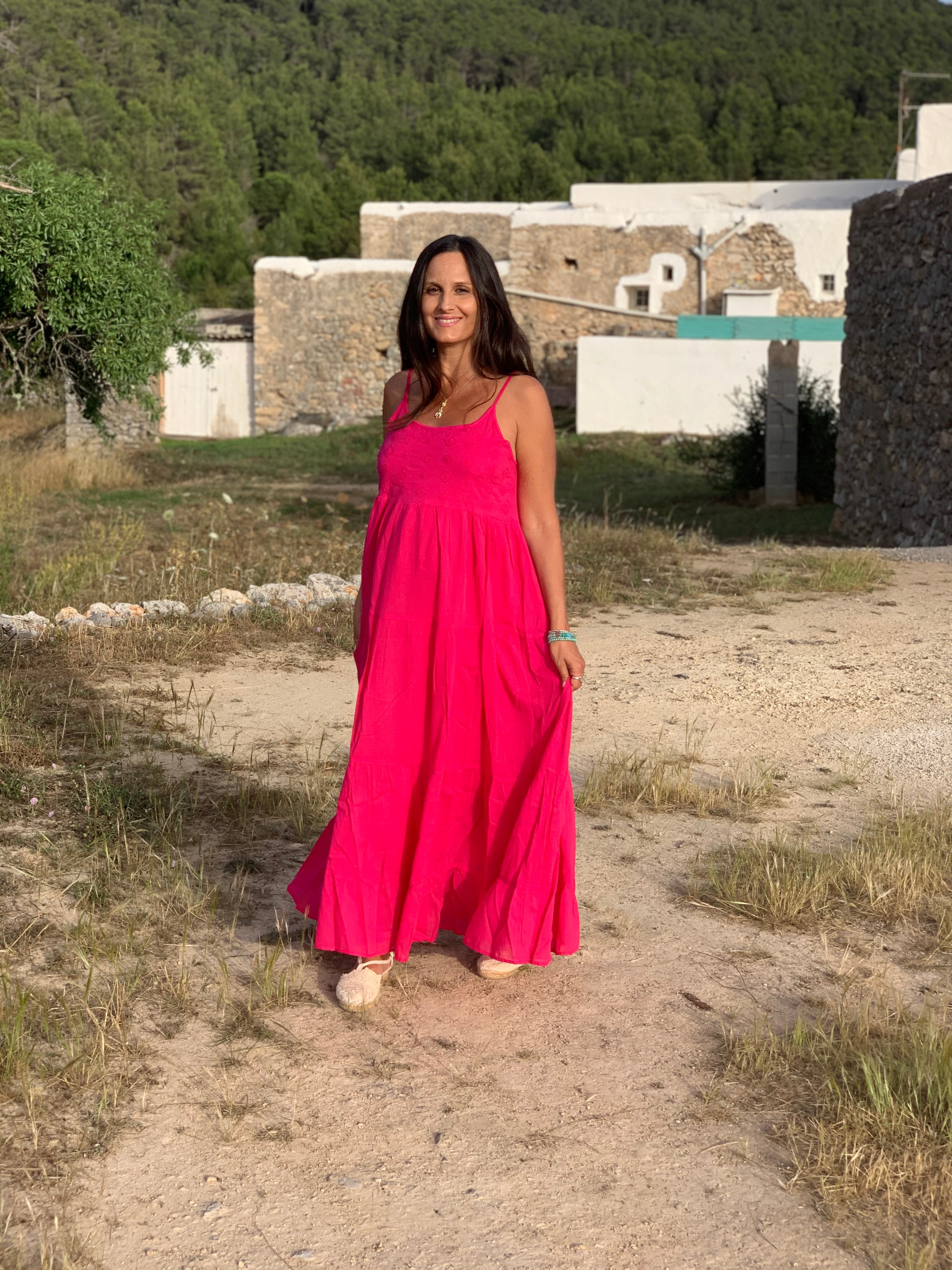 Elegant Santorini Pink Muslin Dress with Hand Embroidery - Perfect for Summer Weddings & Beach Vacations