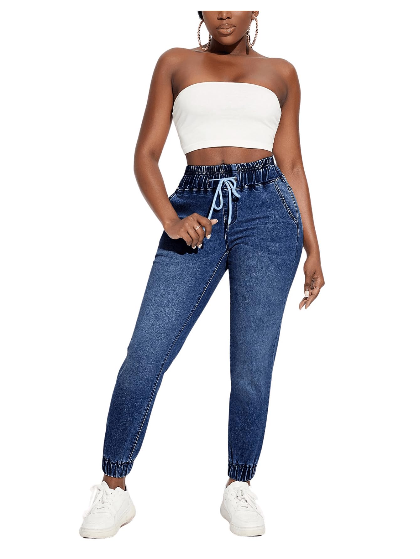 Floerns Women's Stretchy Denim Jogger Pants with Elastic Waist & Drawstring - Comfortable Casual Pants for Work, Travel & Everyday Wear