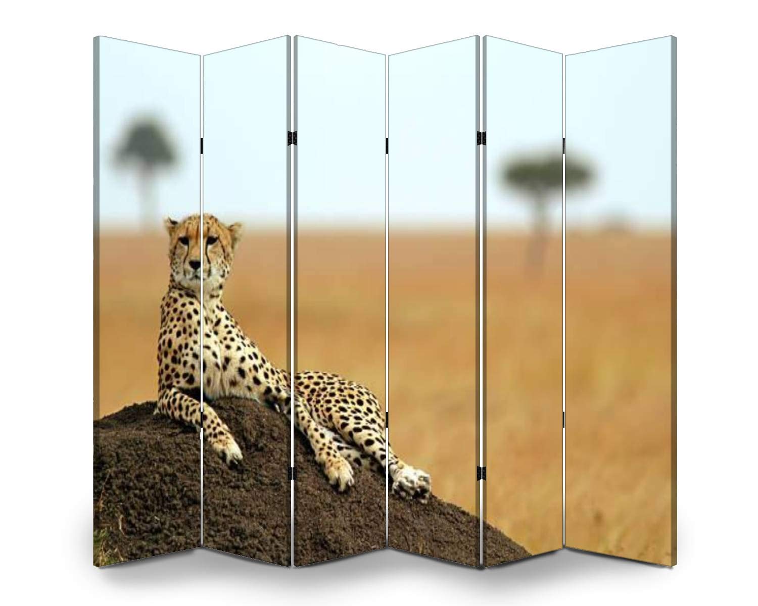 6-Panel Folding Room Divider Screen - Freestanding Privacy Partition with Masai Mara Cheetah Design for Indoor/Outdoor Use | Perfect for Home Office, Studio, or Event Space Separation