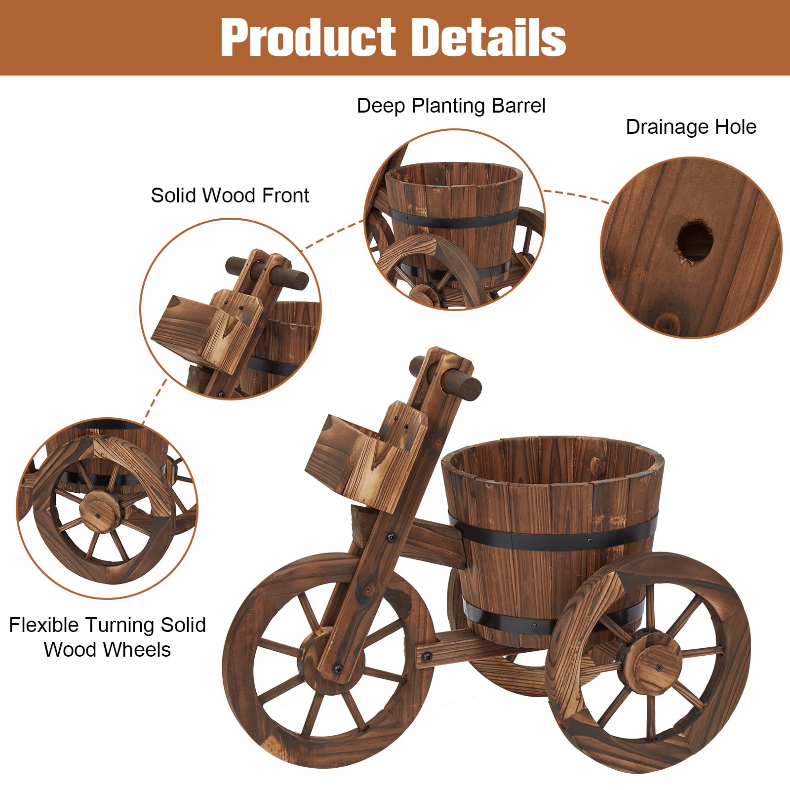 KINTNESS Decorative Wooden Garden Planter Wagon Cart with Wheels - Raised Flower Bed Planter Stand for Backyard, Patio, Lawn | Perfect for Outdoor Decor, Herb Gardening & Small Space Landscaping