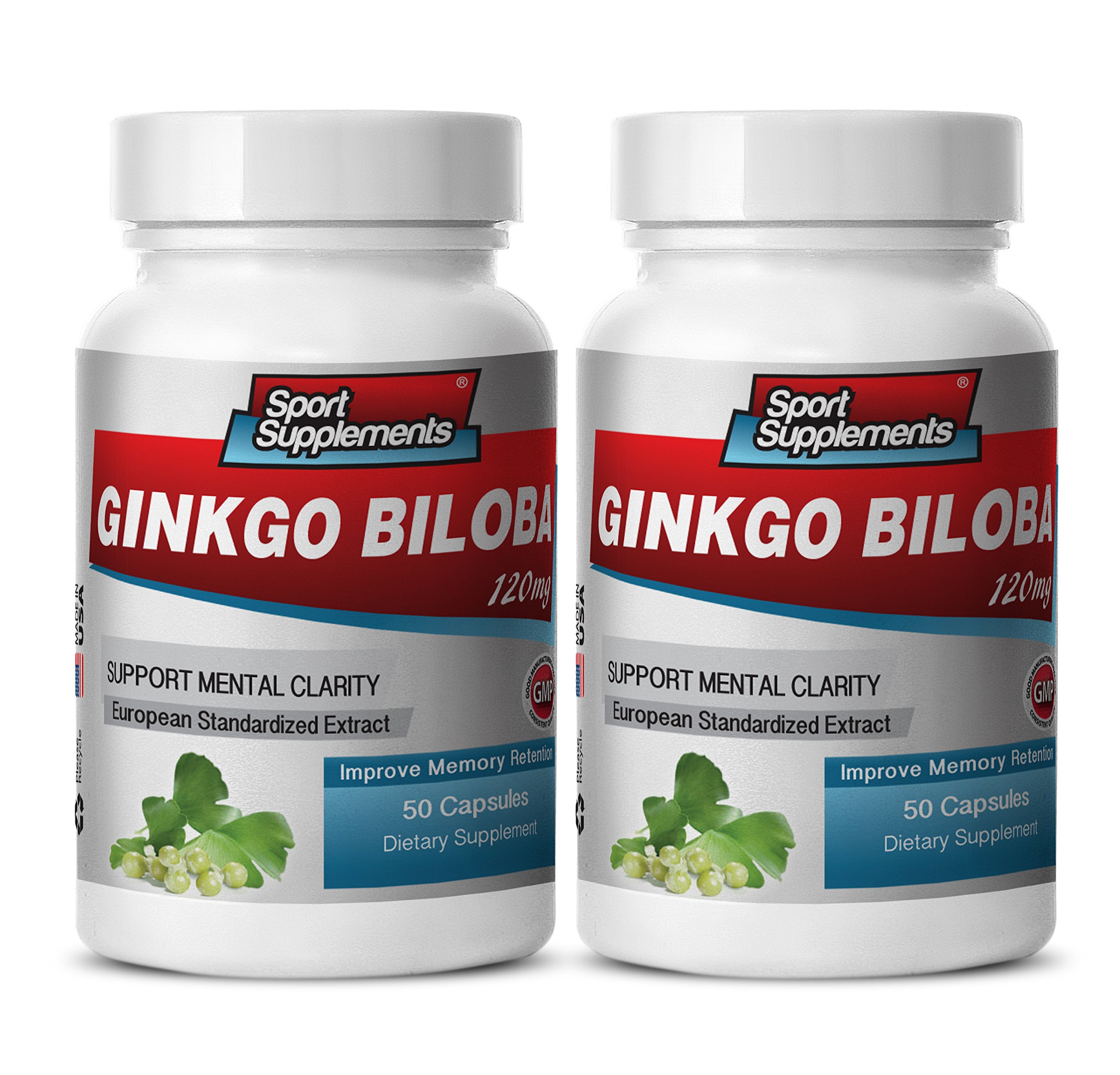 Premium Ginkgo Biloba 120mg Capsules - Brain Memory & Mental Clarity Supplement - 2 Bottles (100 Capsules) - Supports Focus & Cognitive Function for Men & Women - Ideal for Studying, Work Performance & Daily Mental Boost