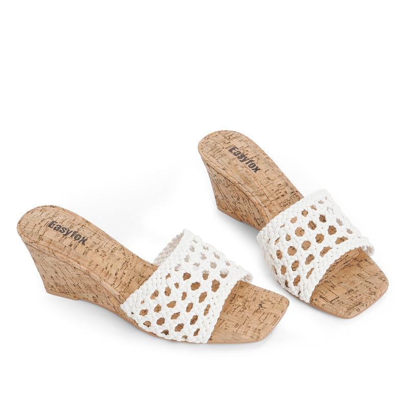 Women's Open Toe Wedge Sandals - Square Toe High Heel Mules with Wood Grain Design | Slip-On Comfort for Summer, Beach, and Casual Outings