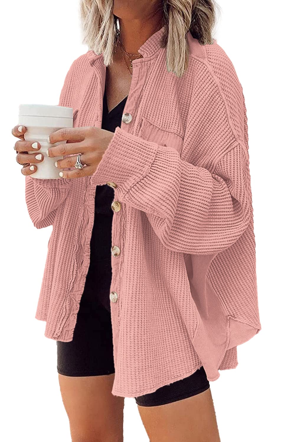 Yanekop Women's Waffle Knit Button Down Shirt Jacket - Oversized Long Sleeve Shacket for Casual & Trendy Outfits 2025 | Perfect for Fall Layering, Coffee Dates & Weekend Getaways