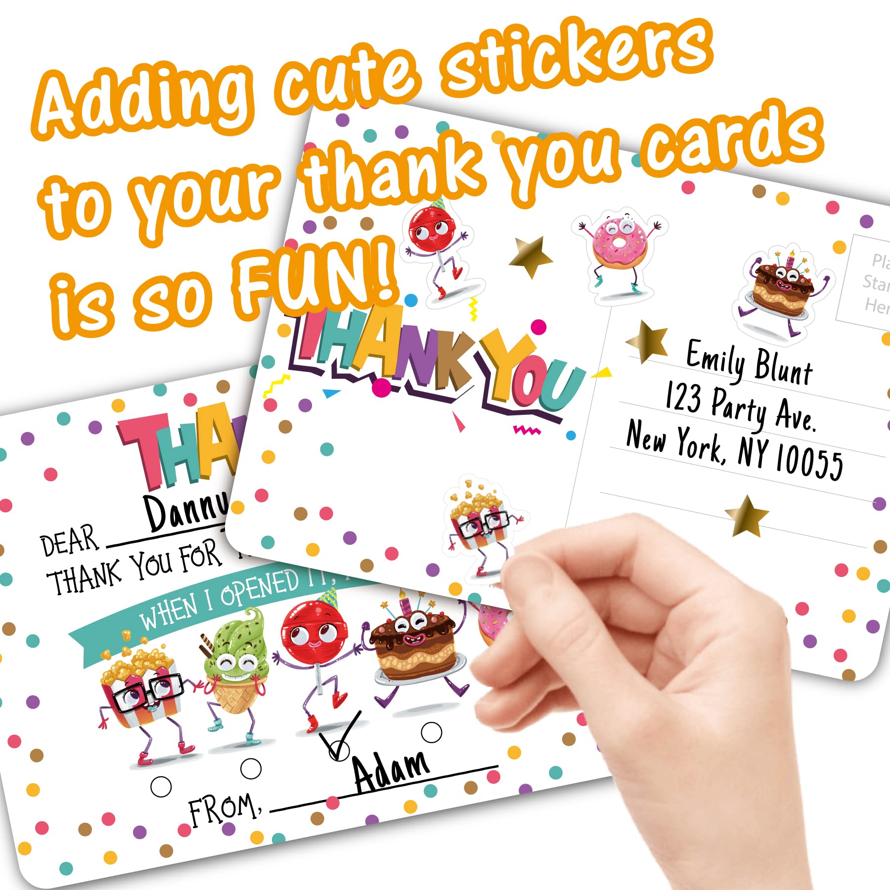 Gooji Kids Thank You Cards - 25-Piece Double-Sided Custom Postcard Set with Fill-in-the-Blank Messages | Perfect for Birthday Parties, Events & Holidays | Includes Fun Stickers (Party Treats Collection) - Great for Classroom Rewards, Teacher Appreciation & Family Celebrations