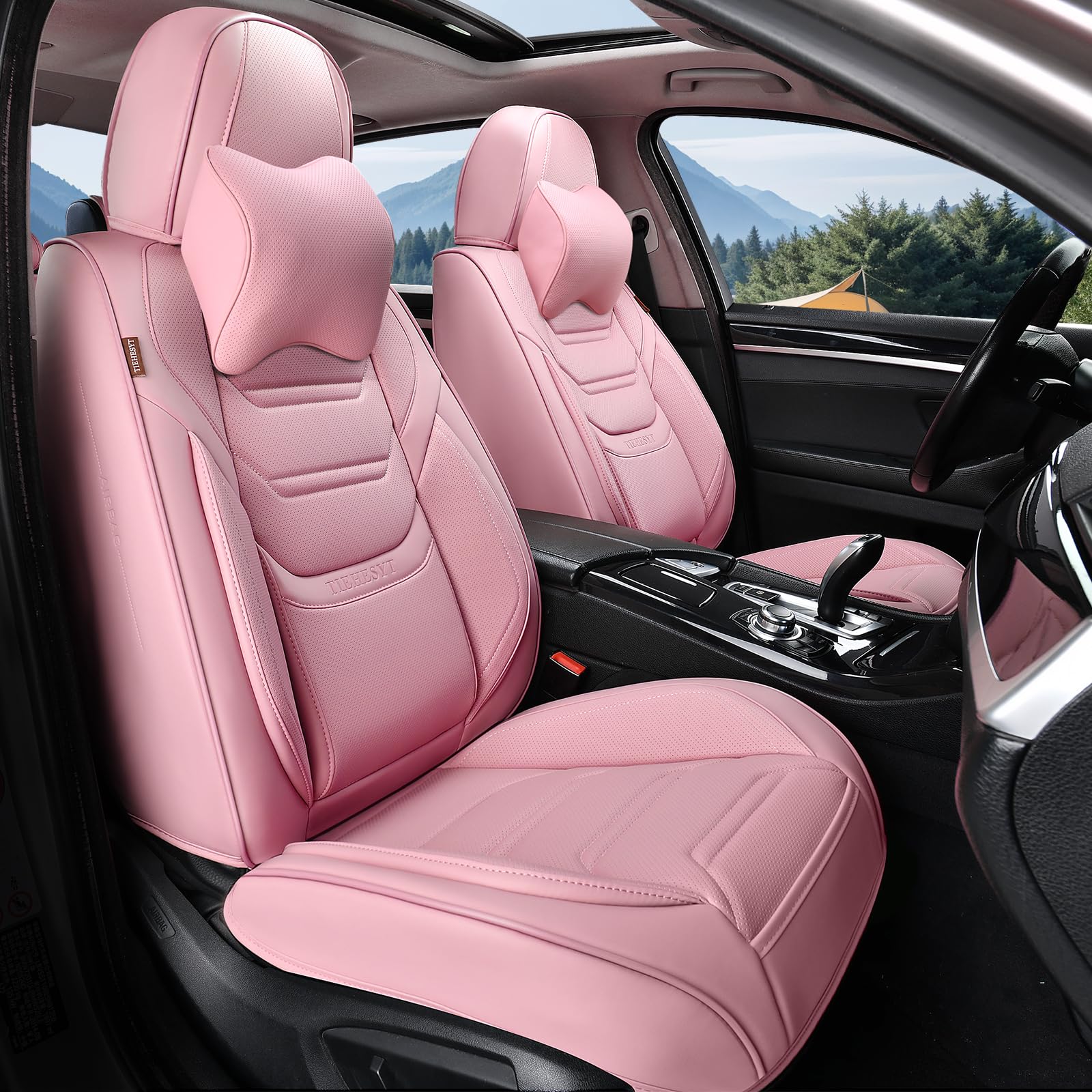 Pink Car Seat Covers Front Pair - Breathable Leather Auto Seat Protectors with Headrest | Universal Fit for Sedans, SUVs & Pickup Trucks | Perfect for Daily Commute, Road Trips & Family Travel
