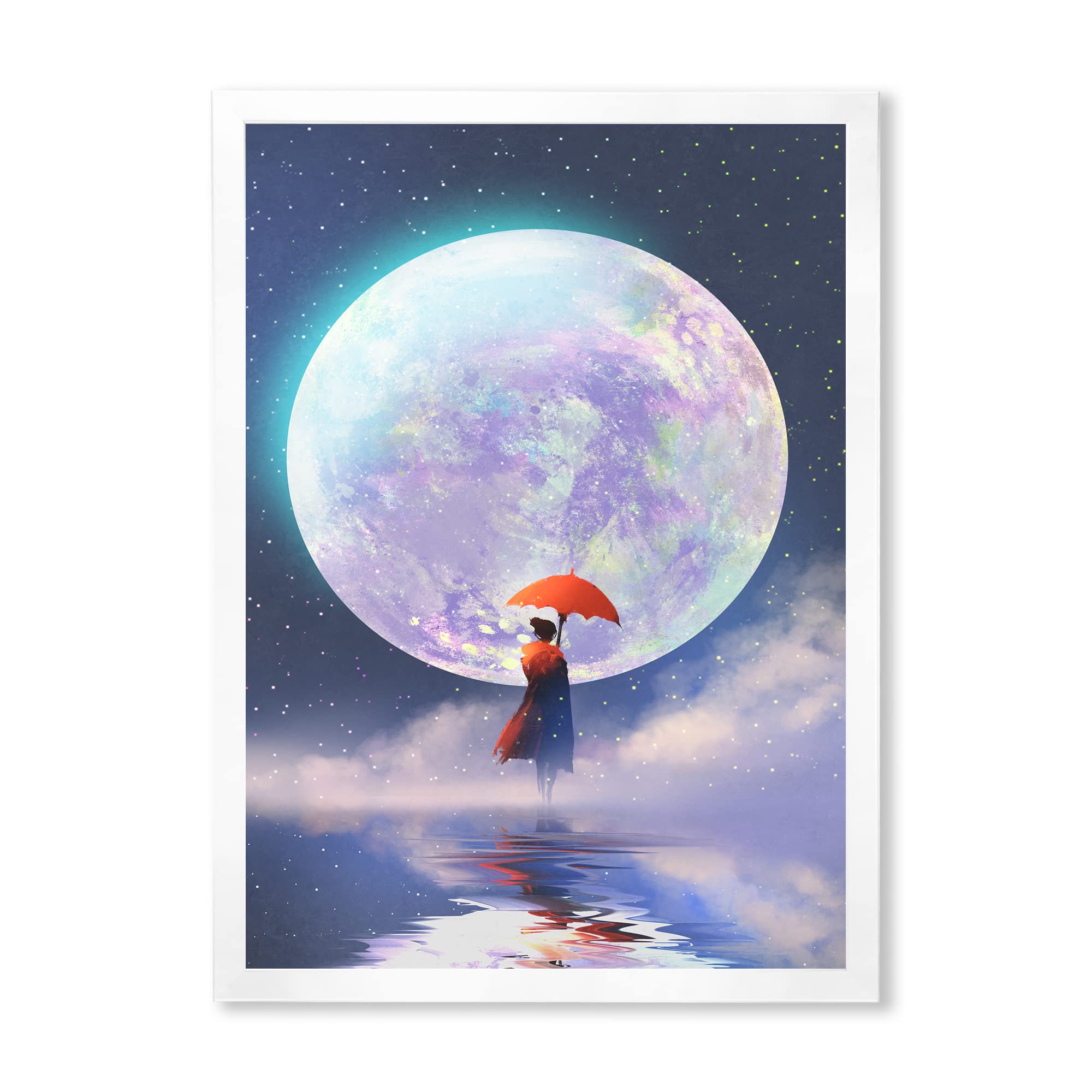DesignQ Traditional Framed Wall Art - Woman with Umbrella Standing on Water Against Moon - Elegant Home Decor for Living Room, Bedroom & Office