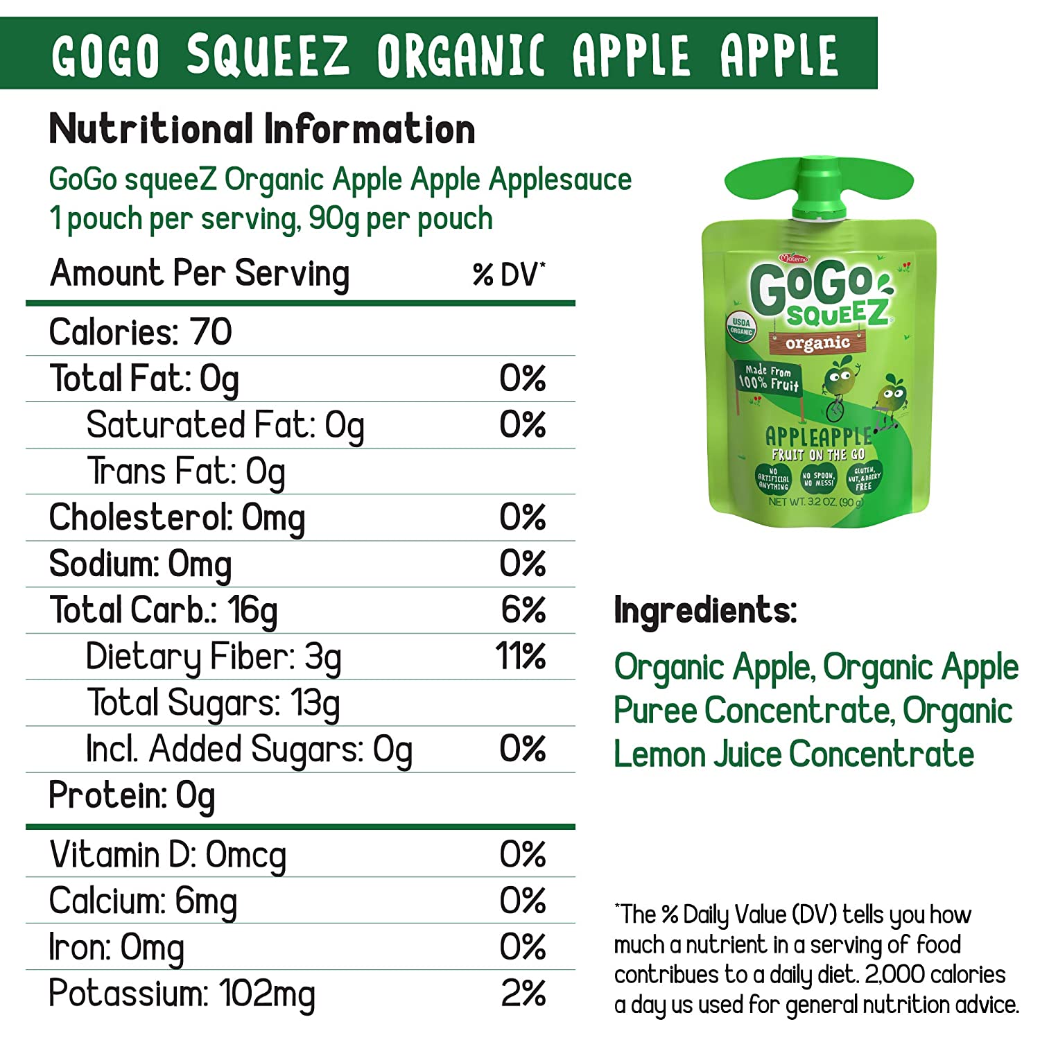 Organic GoGo Squeez Applesauce Pouches - 100% Natural Apple Fruit Snacks for Kids, On-The-Go Healthy Snack for Lunchboxes, Hiking & Travel (Pack of 10)