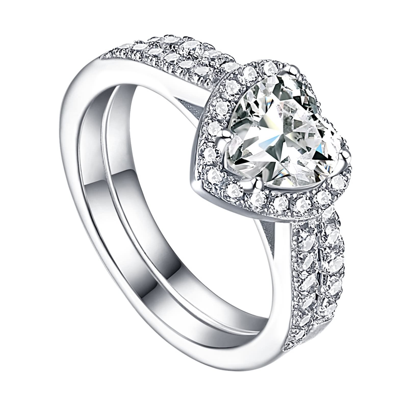 Hoisy 925 Sterling Silver Heart Ring Set - Women's Engagement Rings, Promise Rings, Anniversary Gift for Her (2-Piece Set) | Perfect for Valentine's Day, Proposals & Special Occasions