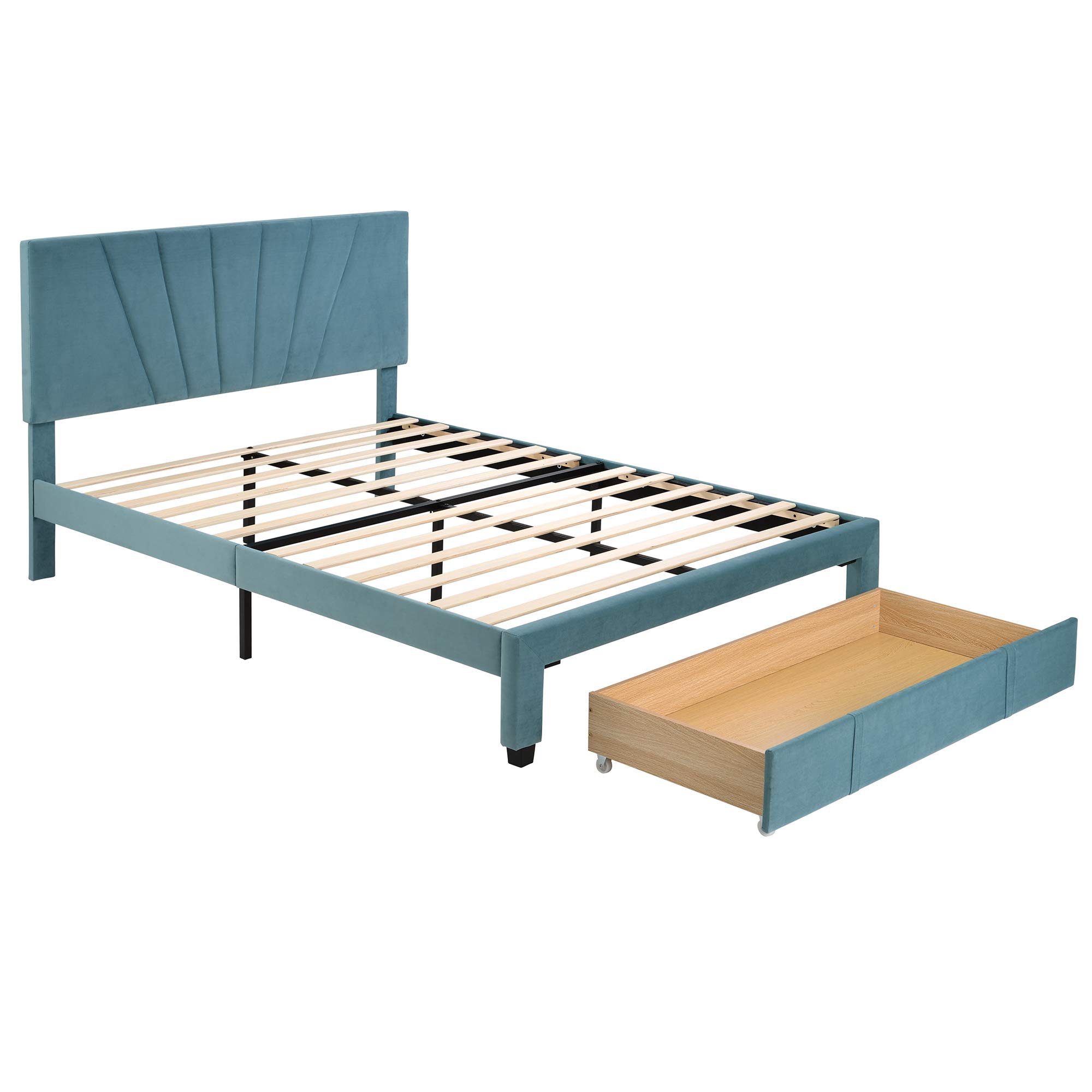 Modern Blue Velvet Queen Upholstered Platform Bed Frame with Storage Drawer & Headboard - Wood Slat Support, Elegant Panel Design Mattress Foundation for Bedroom, Guest Room | Perfect for Small Spaces & Luxury Home Decor