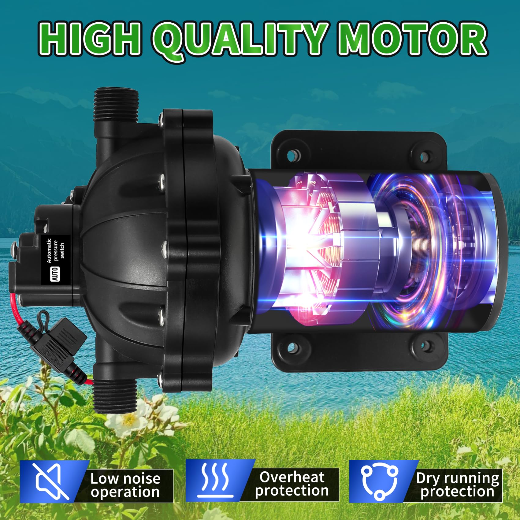 EF5500-BOX 12V Diaphragm Water Pump, 5.5GPM 60PSI Self-Priming Pump with 1/2