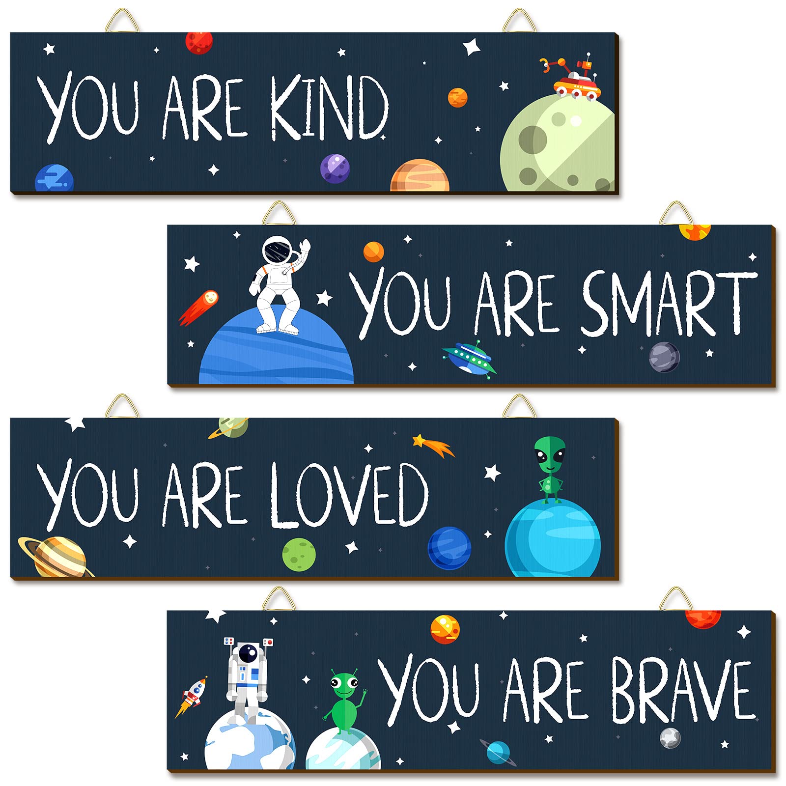 Chunful 4-Piece Wooden Space Themed Wall Art Set - Astronaut & Inspirational Posters for Bedroom, Living Room & Kids Room Decor | Perfect for Home, Office & Gift Giving