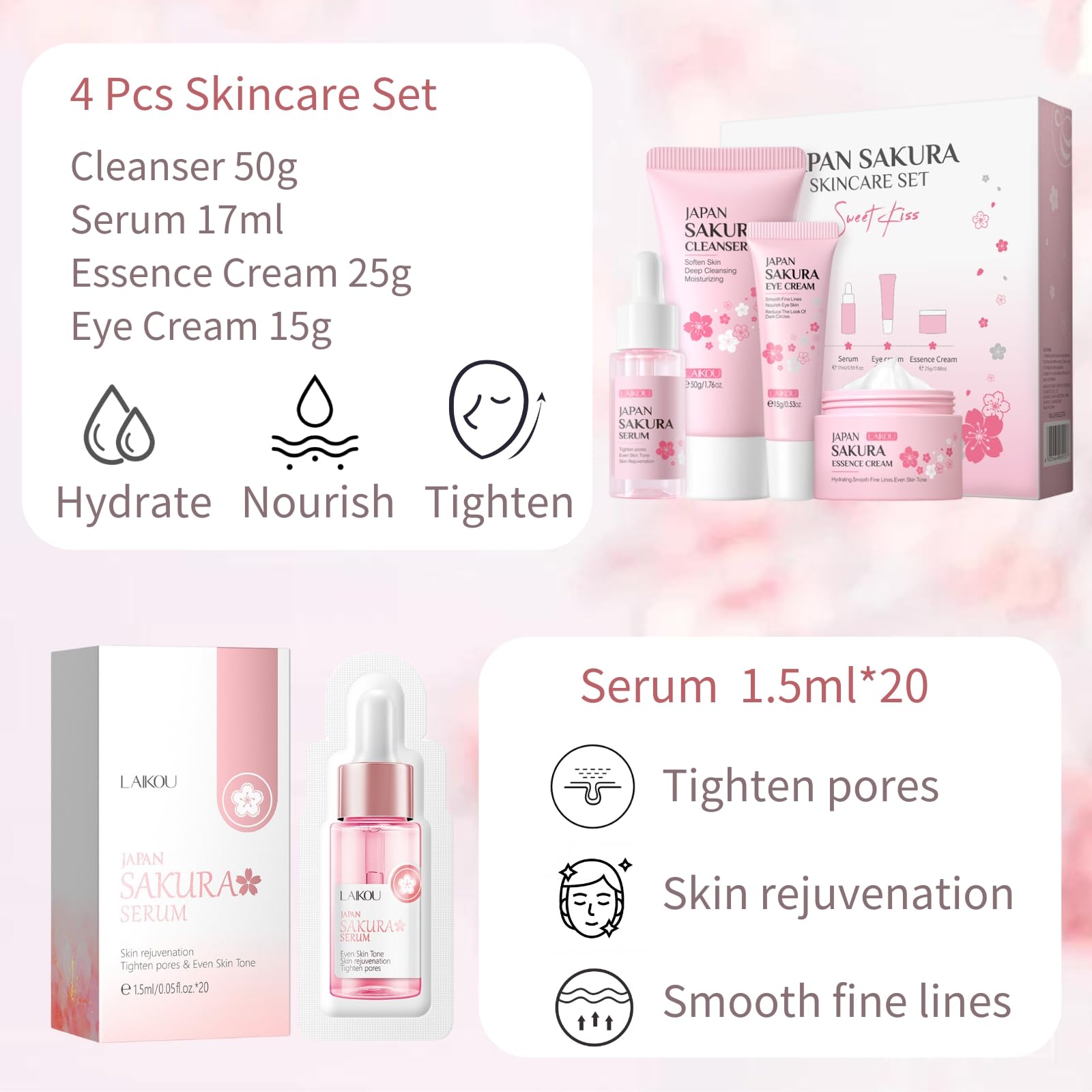 Japanese Sakura Skincare Set for Teens 10-12 - Cleanser, Serum, Eye Cream & Face Cream (6PCS) - Perfect Gift for Teen Girls & Gentle Skincare Routine - Ideal for Daily Use, Sleepovers & Birthday Presents