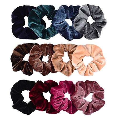 Trendy Velvet Scrunchies for Women - Soft Elastic Hair Ties & Hair Bands (12 Pack) - Non-Slip, Non-Damaging Hair Accessories for Workouts, Office & Everyday Use