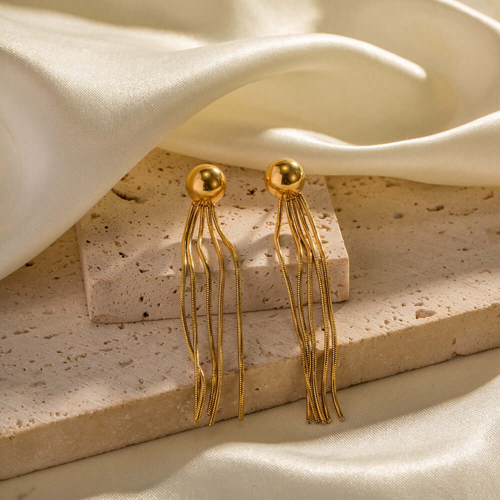 18K Gold Plated Titanium Tassel Fringe Long Dangle Earrings for Women | Elegant Boho Chic Statement Jewelry | Perfect for Parties, Weddings & Evening Events (JDE001)