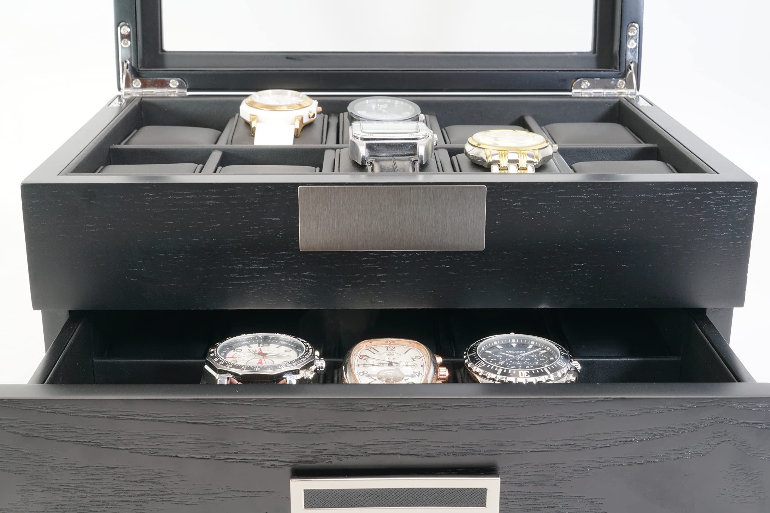 Premium 20-Slot Ebony Wood Watch Display Case with Glass Top - 2-Tier Jewelry Organizer with Stainless Steel Accents & 2 Drawers - Perfect for Watch Collectors, Jewelry Storage & Retail Store Displays