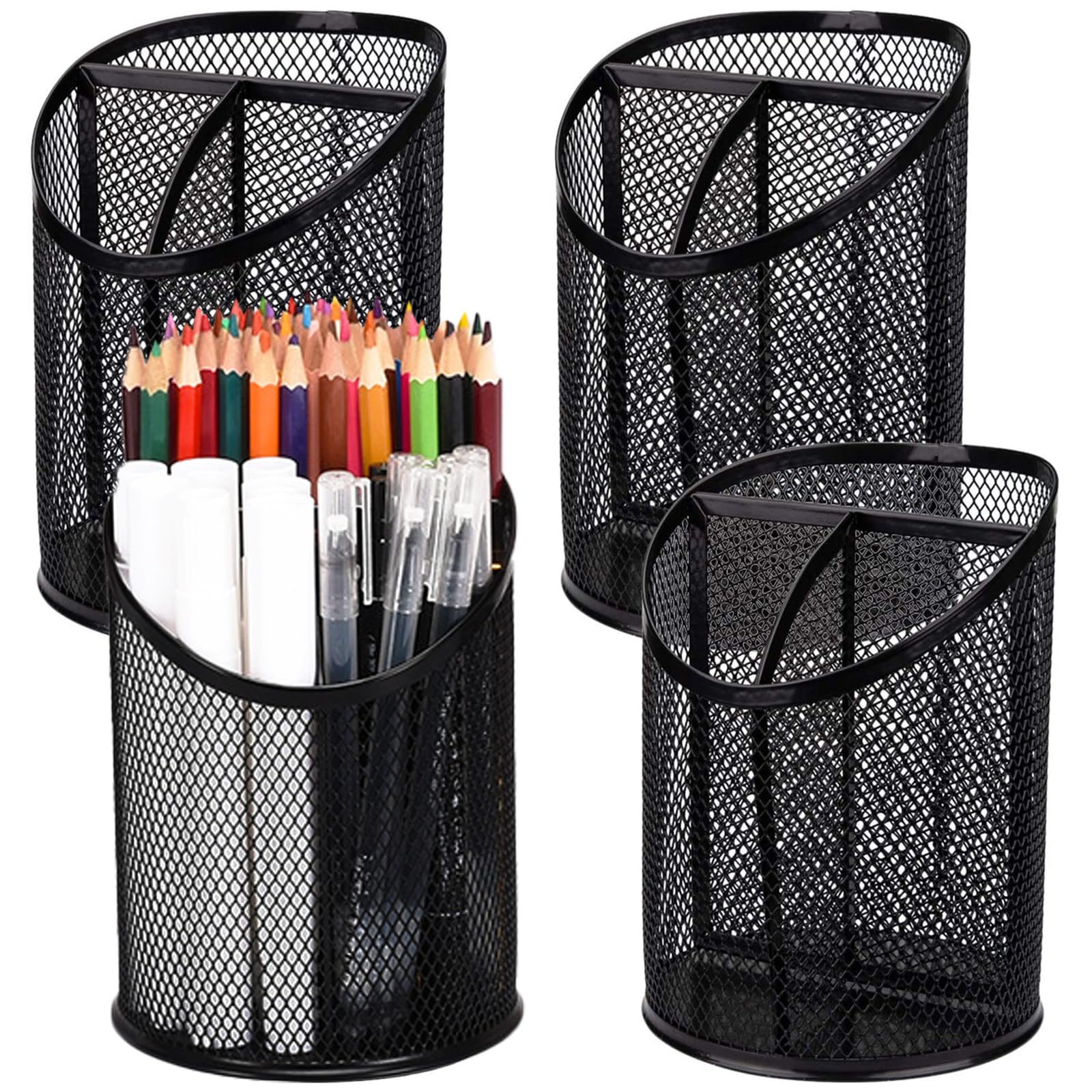 Nicunom 4 Pack Black Metal Mesh Pen Holder - Round Steel Desk Organizer with 3 Compartments for Pencils, Pens & Office Supplies | Perfect for Home, Office & School Organization