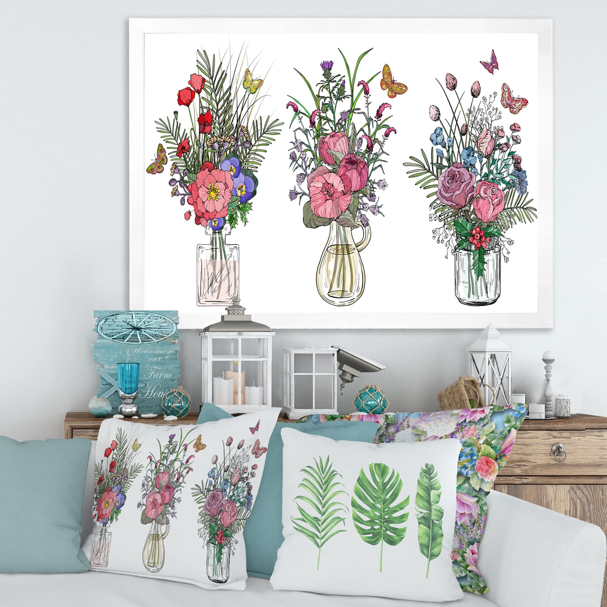Farmhouse Wildflower Bouquets in Transparent Vases - Rustic Framed Wall Art Decor for Living Room, Bedroom & Office
