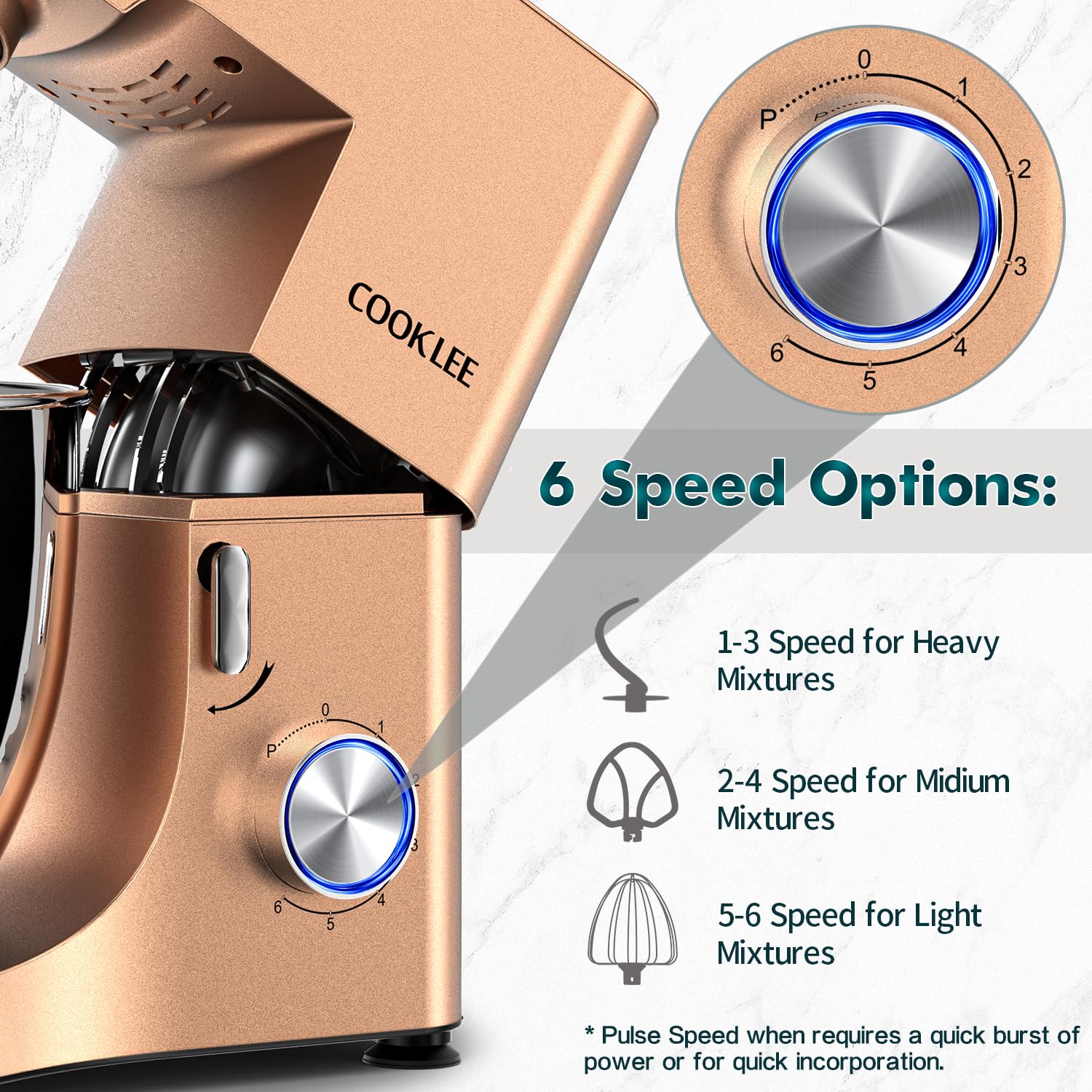 COOKLEE 9.5 Qt 660W Stand Mixer - Professional Electric Kitchen Mixer with Dishwasher-Safe Dough Hook, Flat Beater, Wire Whip & Pouring Shield Attachments - Perfect for Baking Bread, Cakes, Cookies & More - Champagne Color