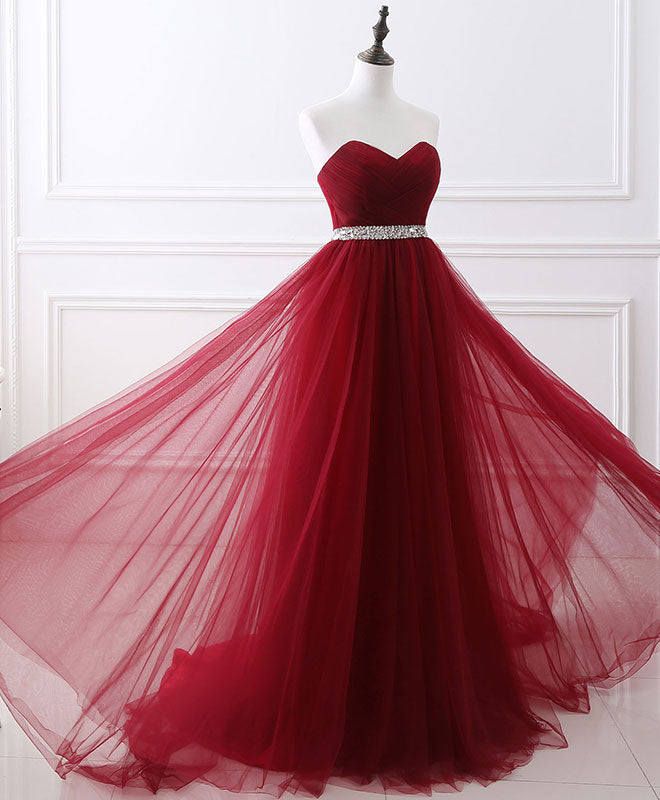 Elegant Burgundy Sweetheart Neck Tulle Long Prom Gown - Formal Evening Dress for Homecoming, Wedding, and Special Occasions