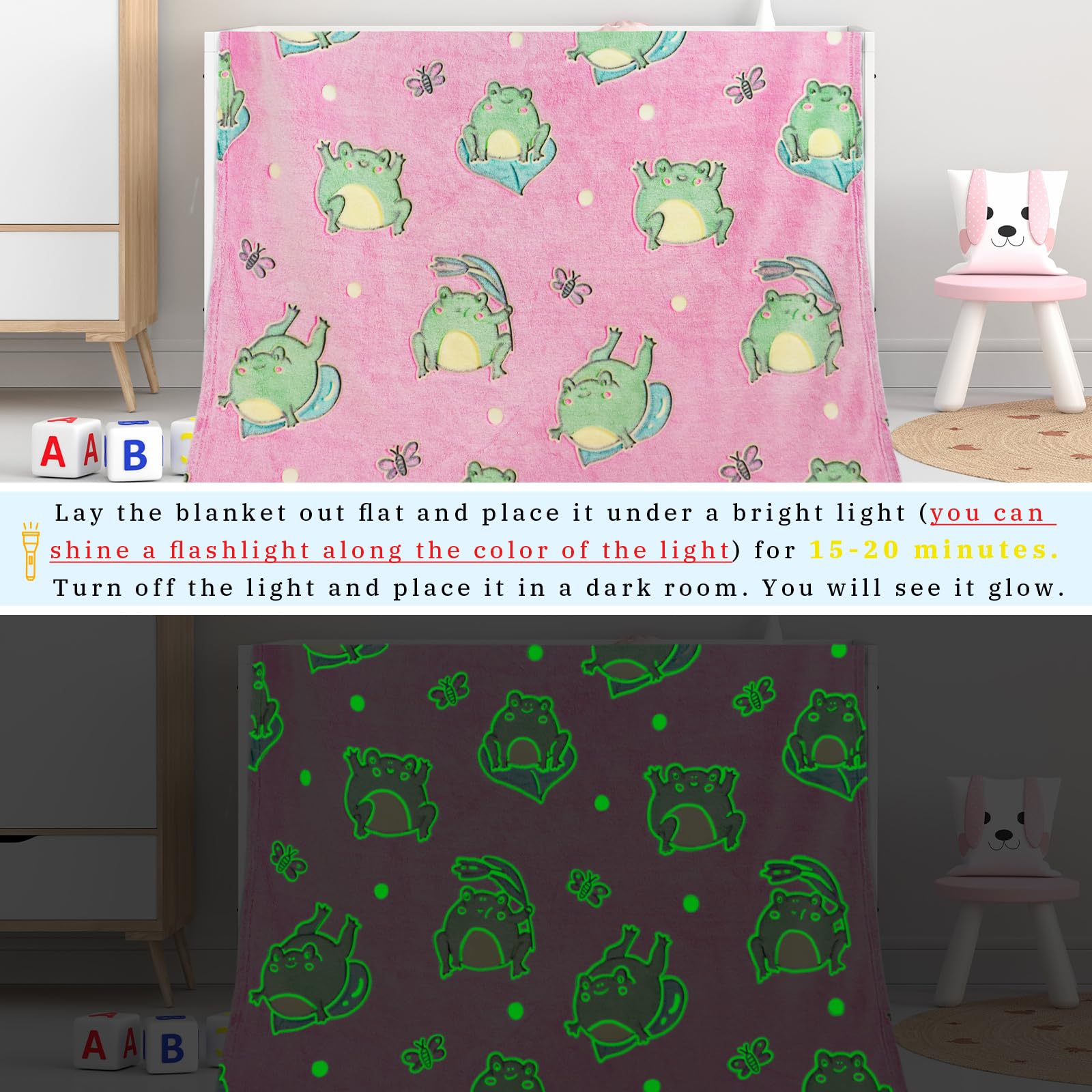 Glow in The Dark Frog Blanket - Soft Fleece Throw for Kids & Women, Cute Pink Frog Gifts for Birthday, Christmas - Perfect for Bedroom, Nursery, Movie Nights & Cozy Evenings