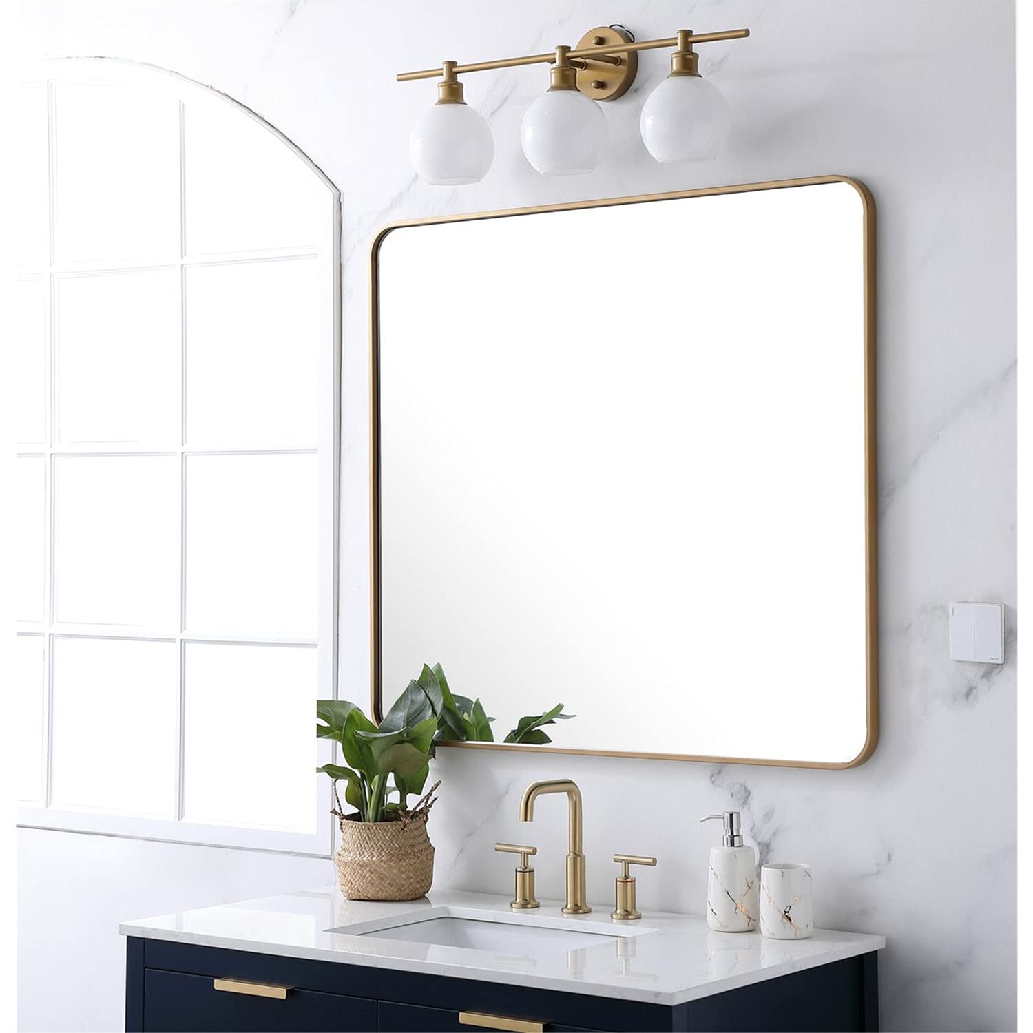 Elegant Brass Rectangular Mirror 36x40 - Home Decor & Bathroom