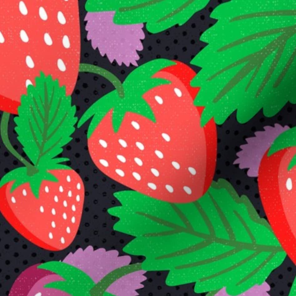 Strawberry Grove Black Bloom Leaves Fruit Berries Printed Denim Fabric by The Yard - Spring Summer Garden Design for Apparel, Home Decor & Upholstery | DIY Sewing, Curtains, Tablecloths & Craft Projects