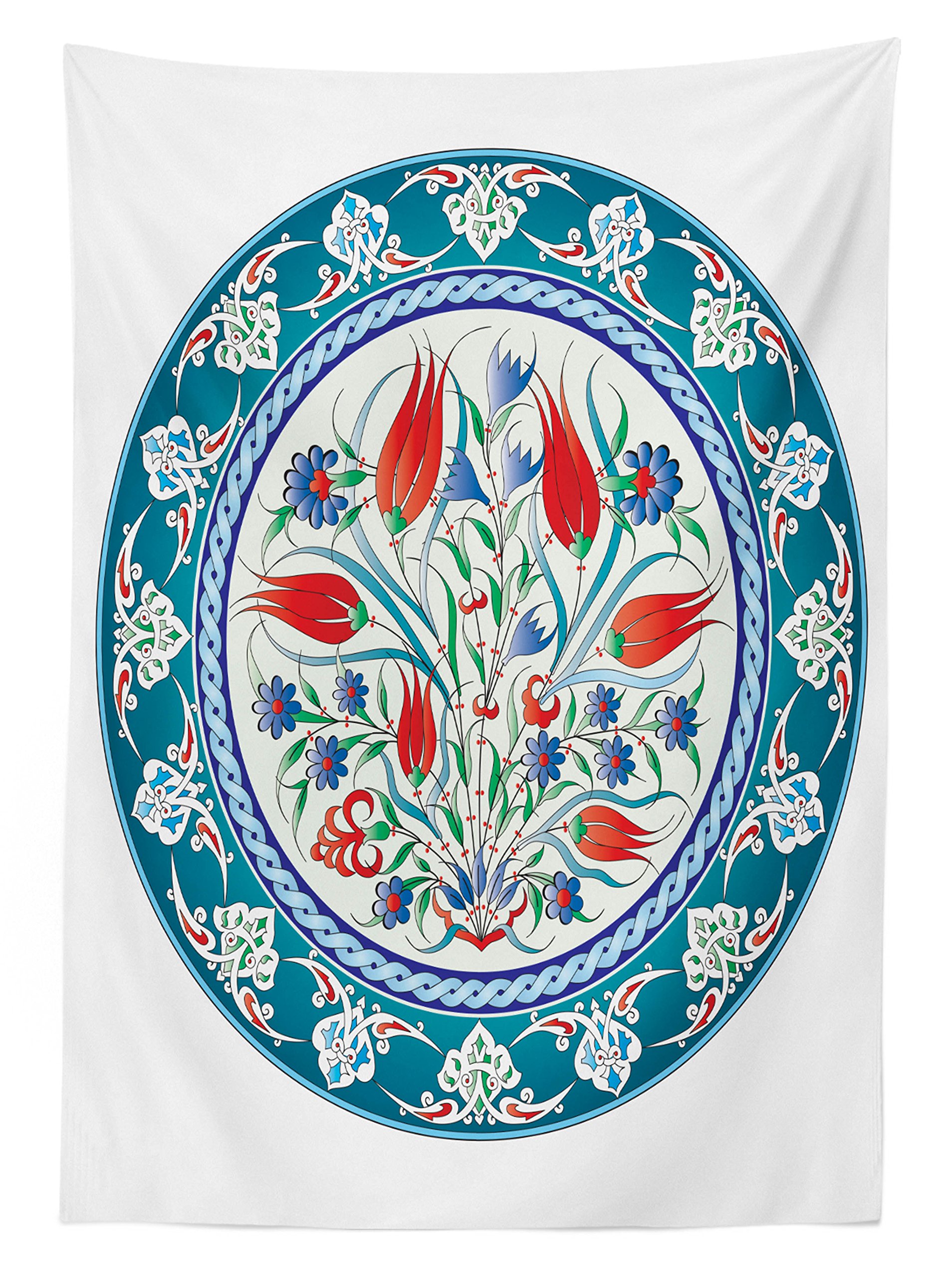 Ambesonne Tulip Outdoor Tablecloth - Medieval Turkish Ornate Tulip Flowers Round Frame Print, Washable Picnic Table Cover 58