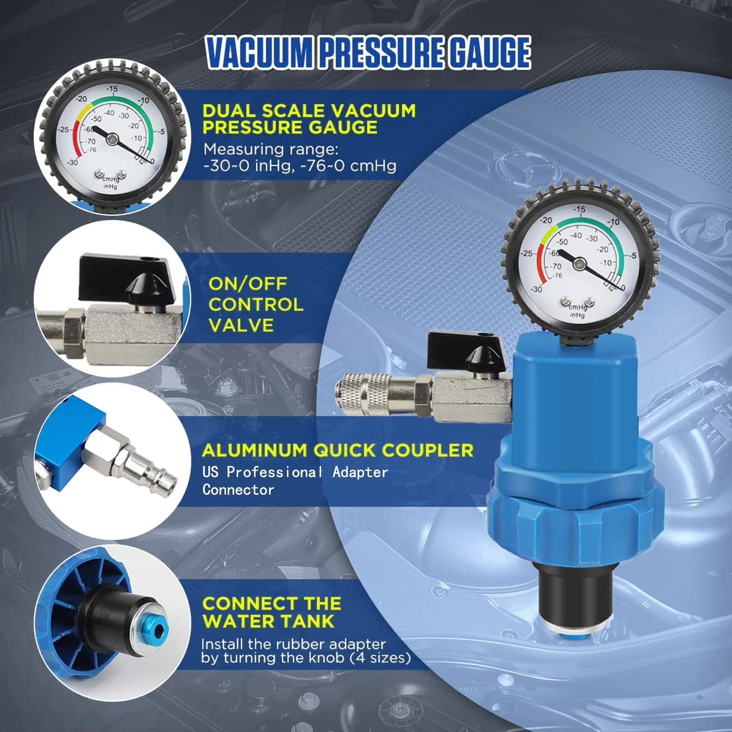 ZKTOOL Engine Cooling System Vacuum Purge & Coolant Refiller Kit - Includes 8 Rubber Sleeves, 2 Universal Adapter Cone Plugs & EV15 Vacuum Generator - Perfect for Automotive Repair, DIY Coolant Flush & Maintenance