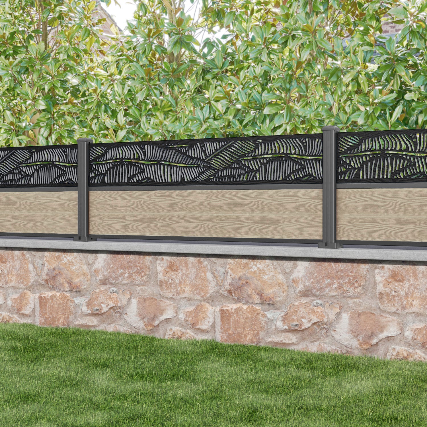 Classic Feather Fence Panel - Light Oak Wood Privacy Screen with Aluminum Posts | Outdoor Garden, Patio, and Backyard Decoration
