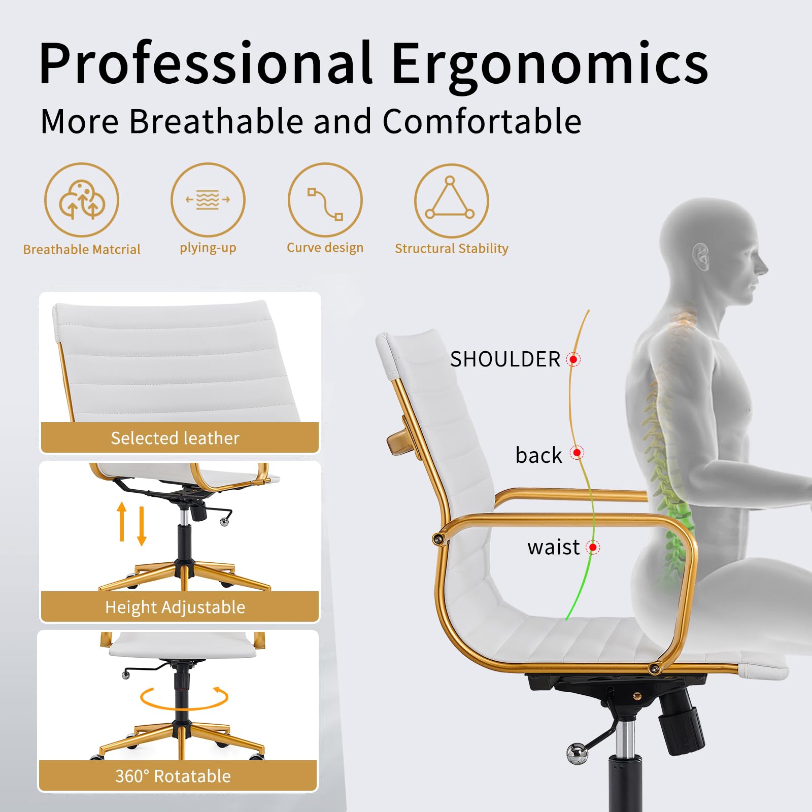 Ergonomic Computer Chair with Adjustable Swivel - White & Gold Office Desk Chair for Home & Work - Comfortable Support for Long Hours - Perfect for Gaming, Remote Work & Study Sessions