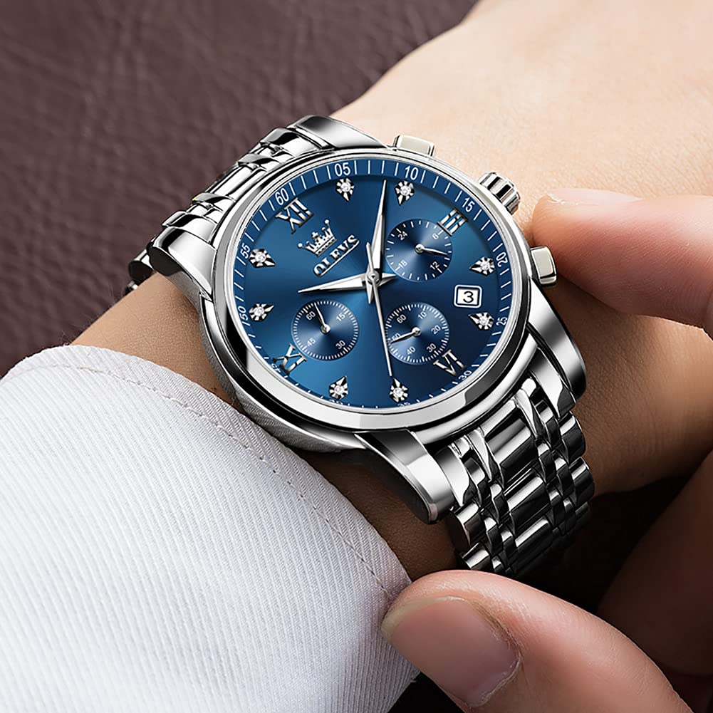 OLEVS Men's Multifunction Stainless Steel Watch - Waterproof Luminous Chronograph with Date Display, Classic Dress Watch for Business, Casual, Outdoor & Formal Occasions