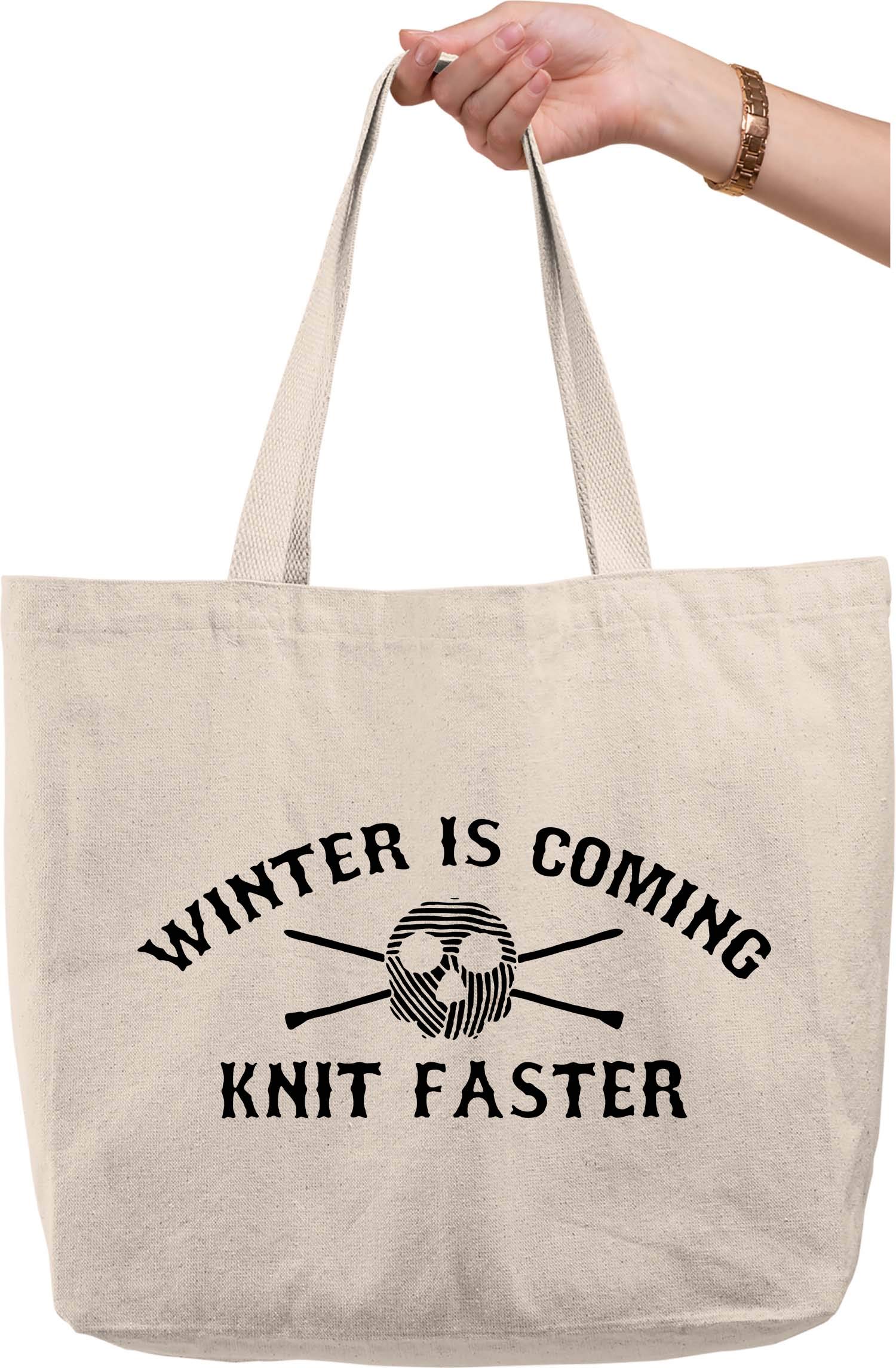 Funny Winter is Coming Knit Faster Meme Tote Bag - Natural Canvas Reusable Shopping Bag - Great Gift for GOT Fans, Office, Grocery & Beach Use