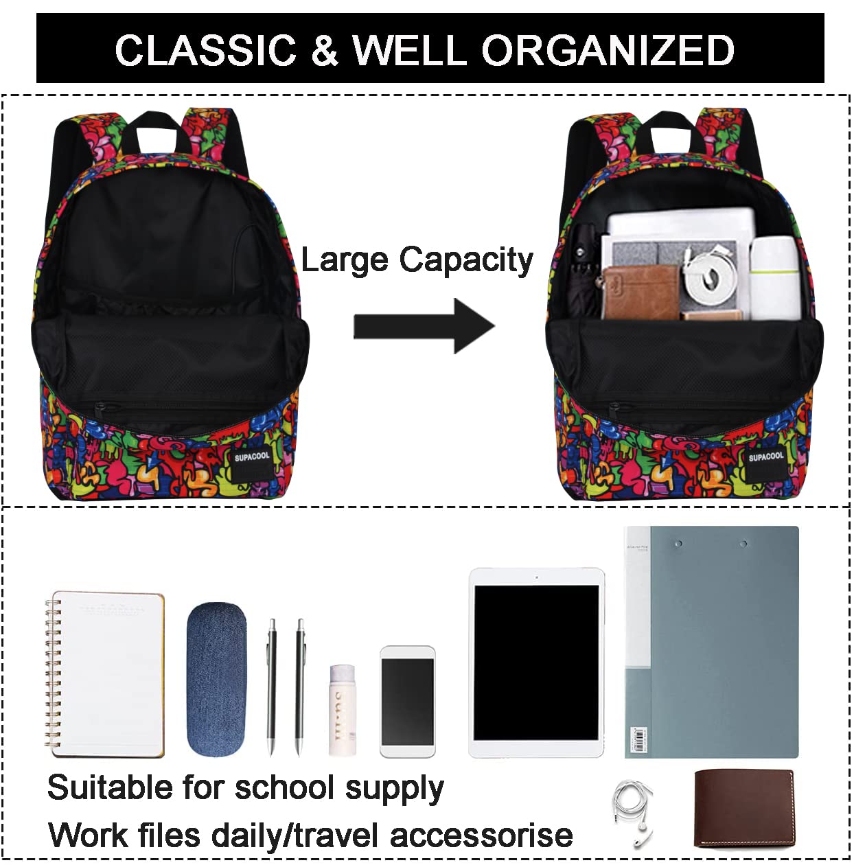 SUPACOOL Lightweight Laptop Backpack for Men & Women - College Backpack with USB Charging Port, Water Resistant Graffiti Design - Perfect for School, Work & Travel