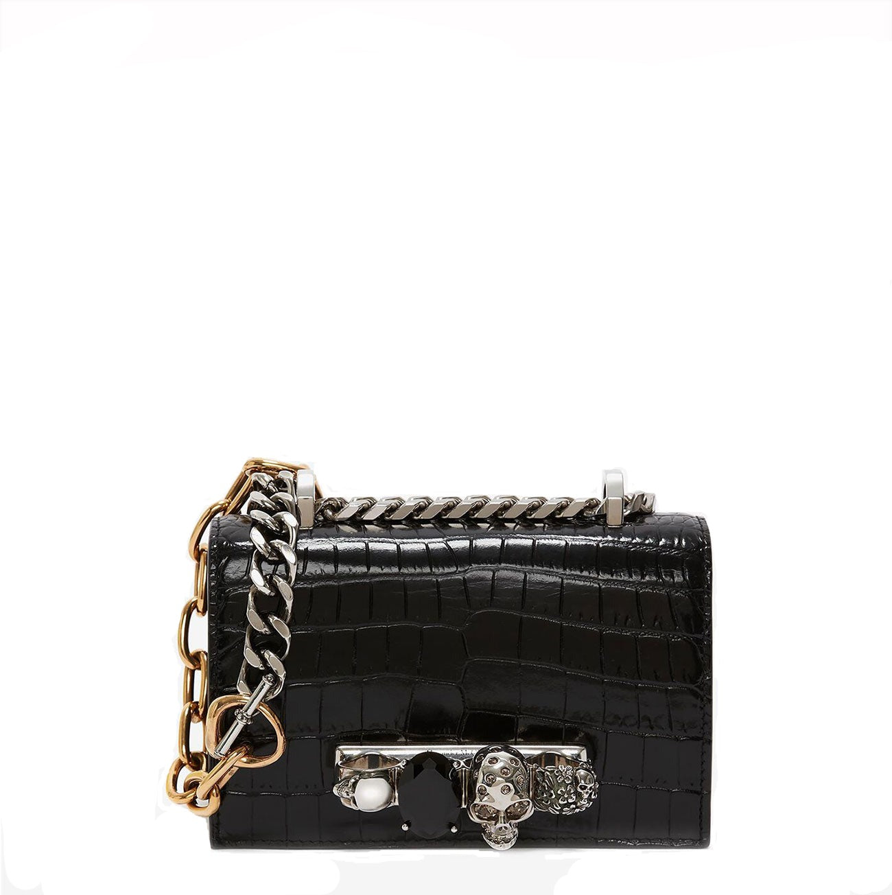 Stylish Crocodile Embossed Black Mini Knuckle Satchel with Jewel Accents - Perfect for Evening Parties, Date Nights & Special Occasions