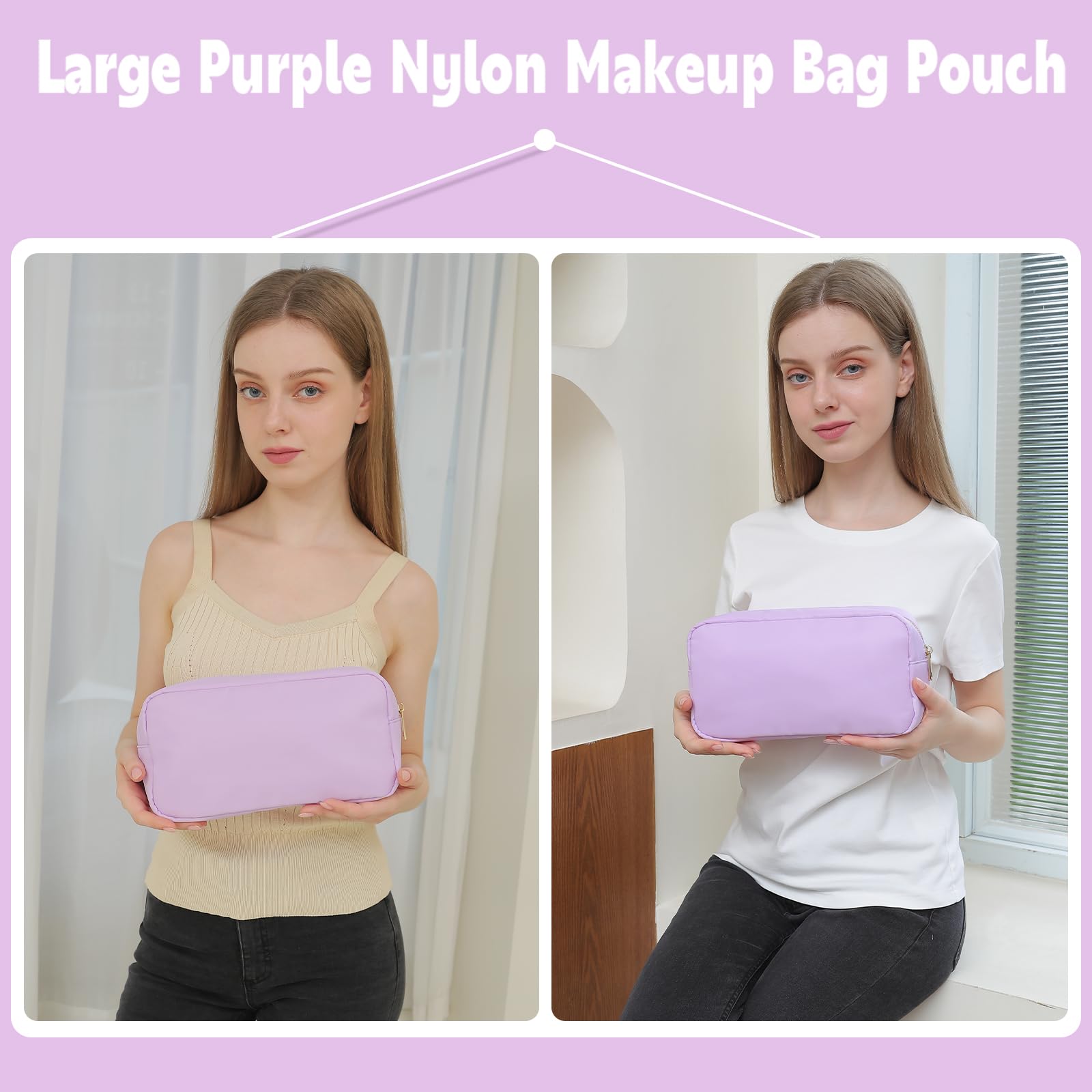 Travel Makeup Organizer Bag for Women - Large Nylon Cosmetic Case with Zipper Pockets (Purple) | Perfect for Vacation, Gym & Daily Essentials Storage