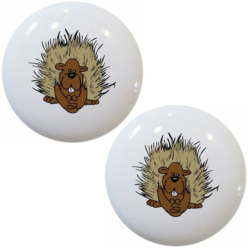 Set of 2 Porcupine Animal Ceramic Cabinet Drawer Pull Knobs - Unique Handles for Kitchen, Bathroom & Furniture - Perfect for Home Decor & DIY Projects