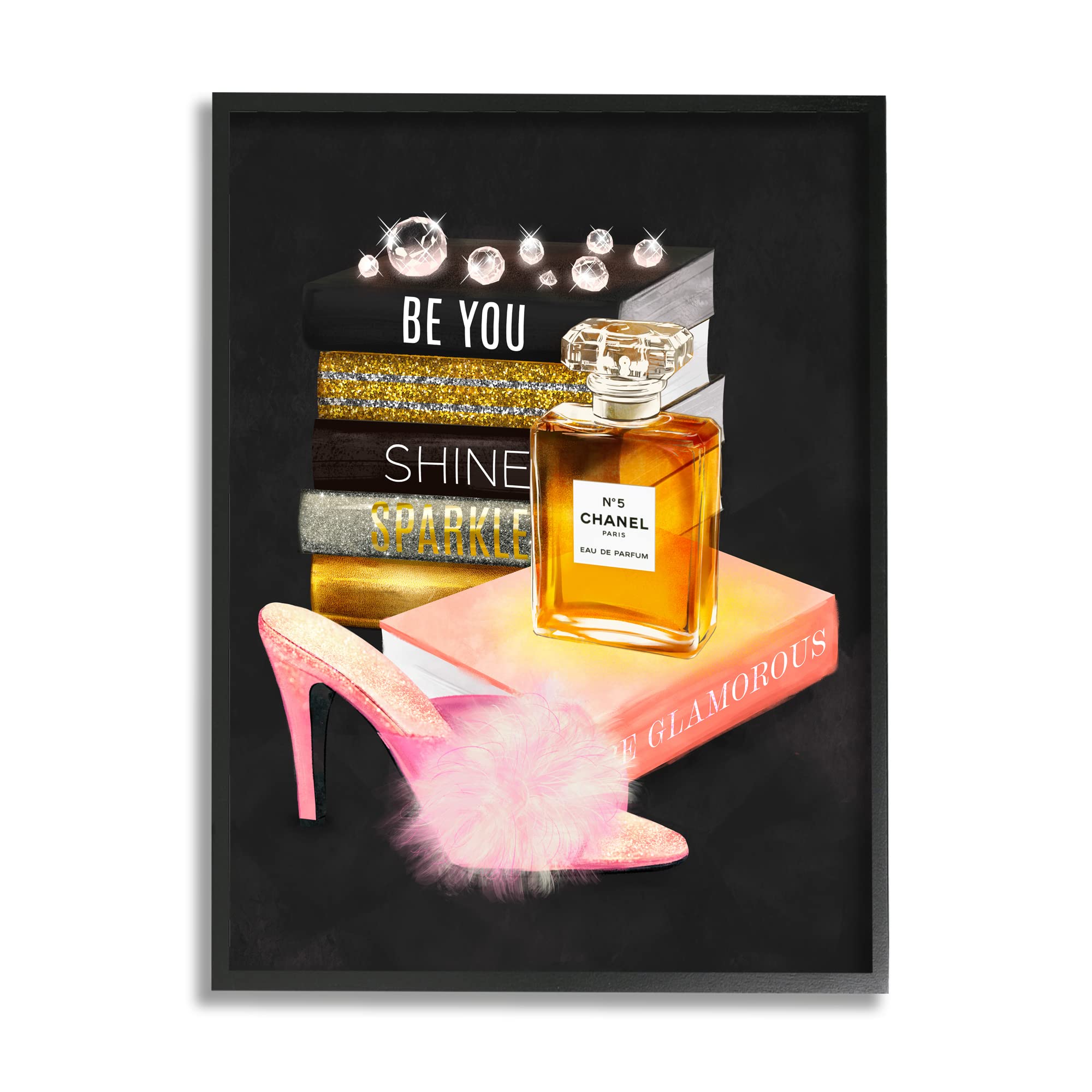 Stupell Industries 'Be You' Motivational Perfume Bottle & Book Stack Wall Art - Fluffy Pompom Heel Design by Ziwei Li - Inspirational Home Decor for Bedroom, Office & Gift Ideas