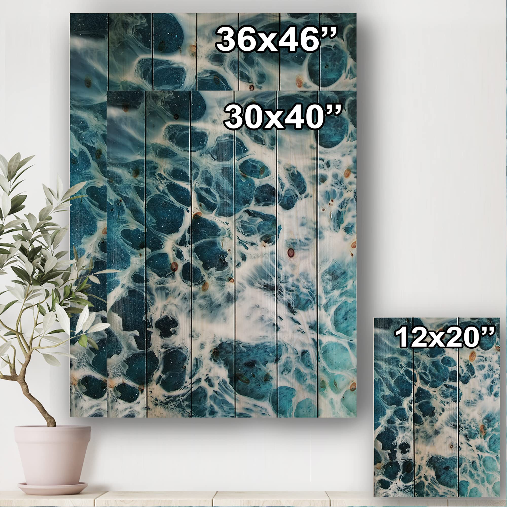DesignQ Waves Epoxy Resin Art IV - Modern Abstract Print on Natural Pine Wood Wall Decor for Living Room, Bedroom & Office