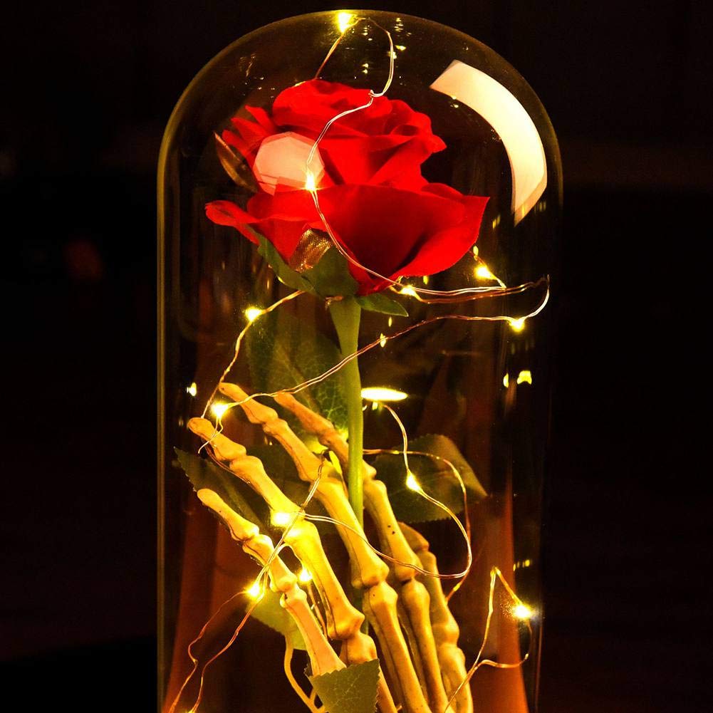 Glass Dome Rose Light with Skeleton Hand - Romantic Silk Rose in Glass Display, LED Decorative Gift for Valentine's Day, Wedding, Anniversary, Mother's Day, Birthday & Party Decor | Perfect for Home Decor, Bedroom Night Light, Wedding Centerpiece & Gift Giving